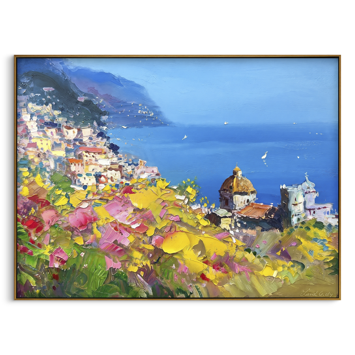 "Flower Terrace Sailboats Study Painting" - Modern Heavy Impasto Coastal Landscape | Blue & Pink Palette Knife Painting | Luxury Horizontal Wall Art #PT 1602