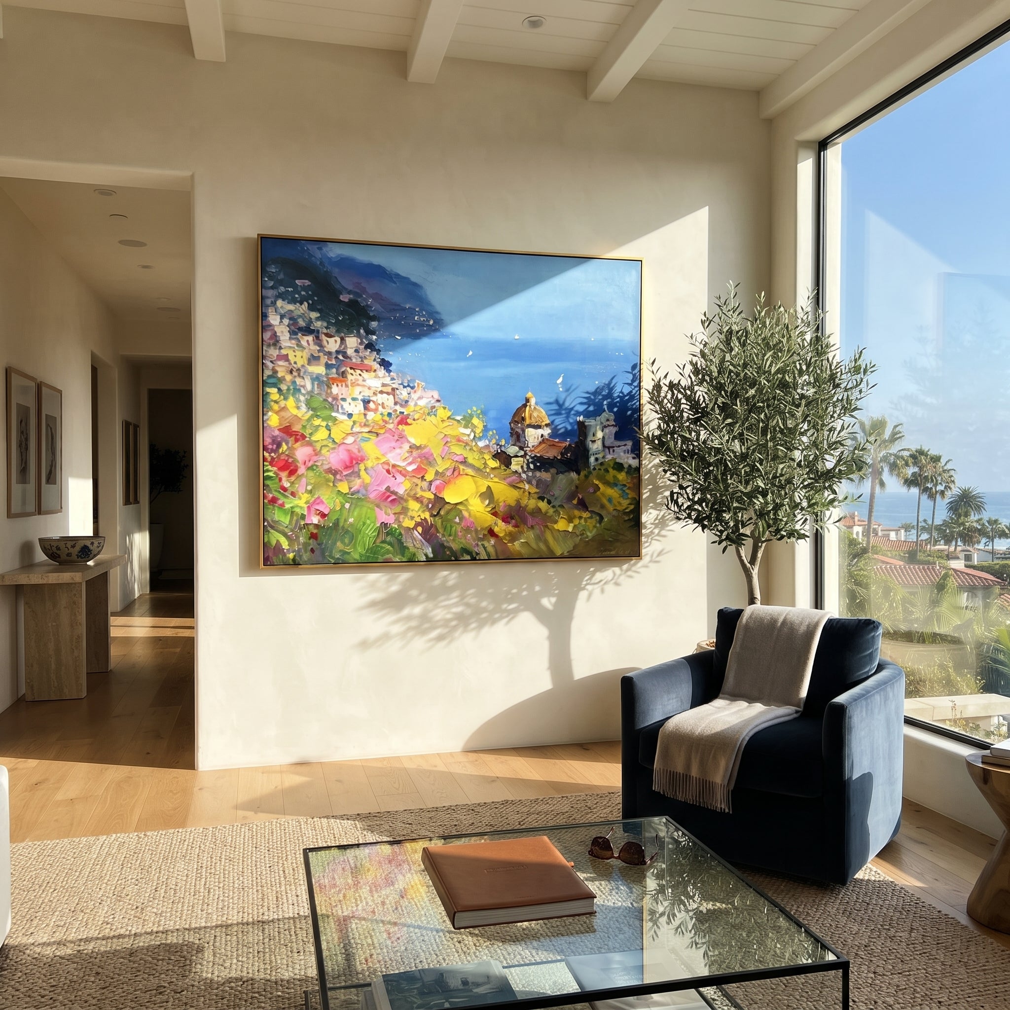 "Flower Terrace Sailboats Study Painting" focuses on atmosphere, surface movement, and sculptural heavy impasto craftsmanship rather than a fixed literal storyline. The composition uses this hand-painted Mediterranean canvas features sailboats on a blue bay, flowering terrace, coastal town and luminous summer sky, built with raised palette-knife texture, layered brushwork, and luminous coastal color as the visual anchor, while layered palette-knife paint, raised plaster-like texture, and
