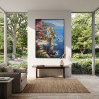 "Whitewashed Coastal Walk Painting" focuses on atmosphere, surface movement, and sculptural heavy impasto craftsmanship rather than a fixed literal storyline. The composition uses this hand-painted Mediterranean canvas features white Mediterranean alley, terracotta roofs, potted flowers, distant sea and mountain light, built with raised palette-knife texture, layered brushwork, and luminous coastal color as the visual anchor, while layered palette-knife paint, raised plaster-like texture, and