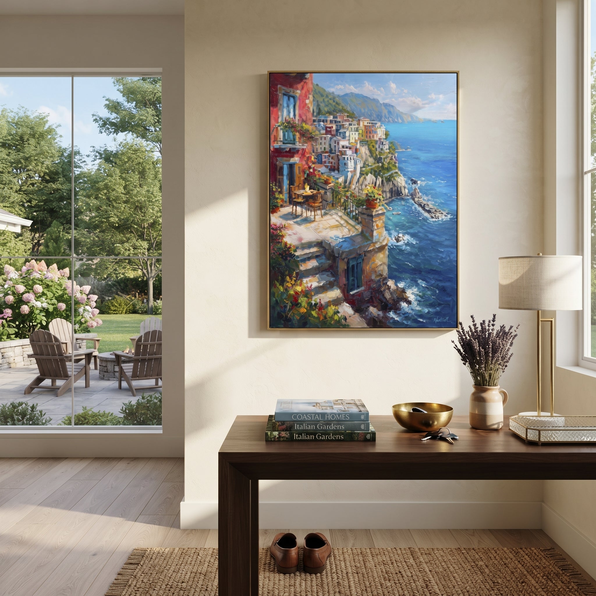 "Whitewashed Coastal Walk Painting" focuses on atmosphere, surface movement, and sculptural heavy impasto craftsmanship rather than a fixed literal storyline. The composition uses this hand-painted Mediterranean canvas features white Mediterranean alley, terracotta roofs, potted flowers, distant sea and mountain light, built with raised palette-knife texture, layered brushwork, and luminous coastal color as the visual anchor, while layered palette-knife paint, raised plaster-like texture, and