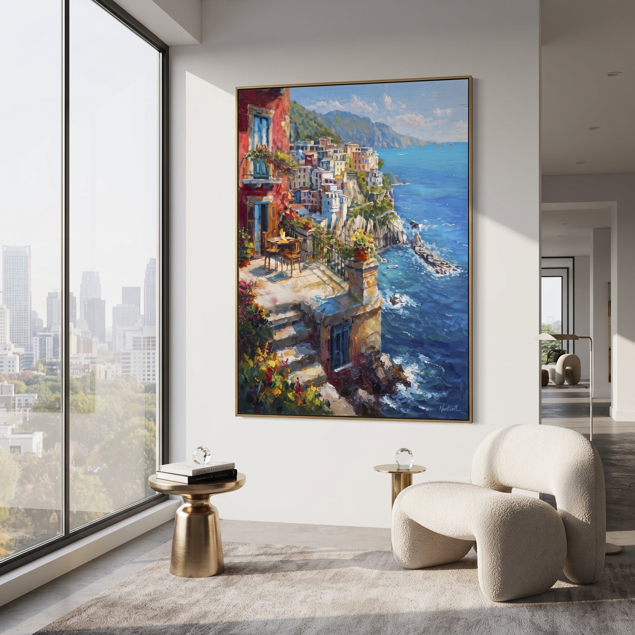 "Whitewashed Coastal Walk Painting" focuses on atmosphere, surface movement, and sculptural heavy impasto craftsmanship rather than a fixed literal storyline. The composition uses this hand-painted Mediterranean canvas features white Mediterranean alley, terracotta roofs, potted flowers, distant sea and mountain light, built with raised palette-knife texture, layered brushwork, and luminous coastal color as the visual anchor, while layered palette-knife paint, raised plaster-like texture, and
