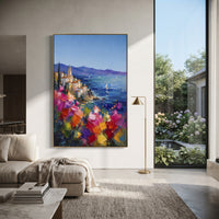 "Mediterranean Sailboat View Study Painting" focuses on atmosphere, surface movement, and sculptural heavy impasto craftsmanship rather than a fixed literal storyline. The composition uses this hand-painted Mediterranean canvas features sailboats on a blue bay, flowering terrace, coastal town and luminous summer sky, built with raised palette-knife texture, layered brushwork, and luminous coastal color as the visual anchor, while layered palette-knife paint, raised plaster-like texture, and