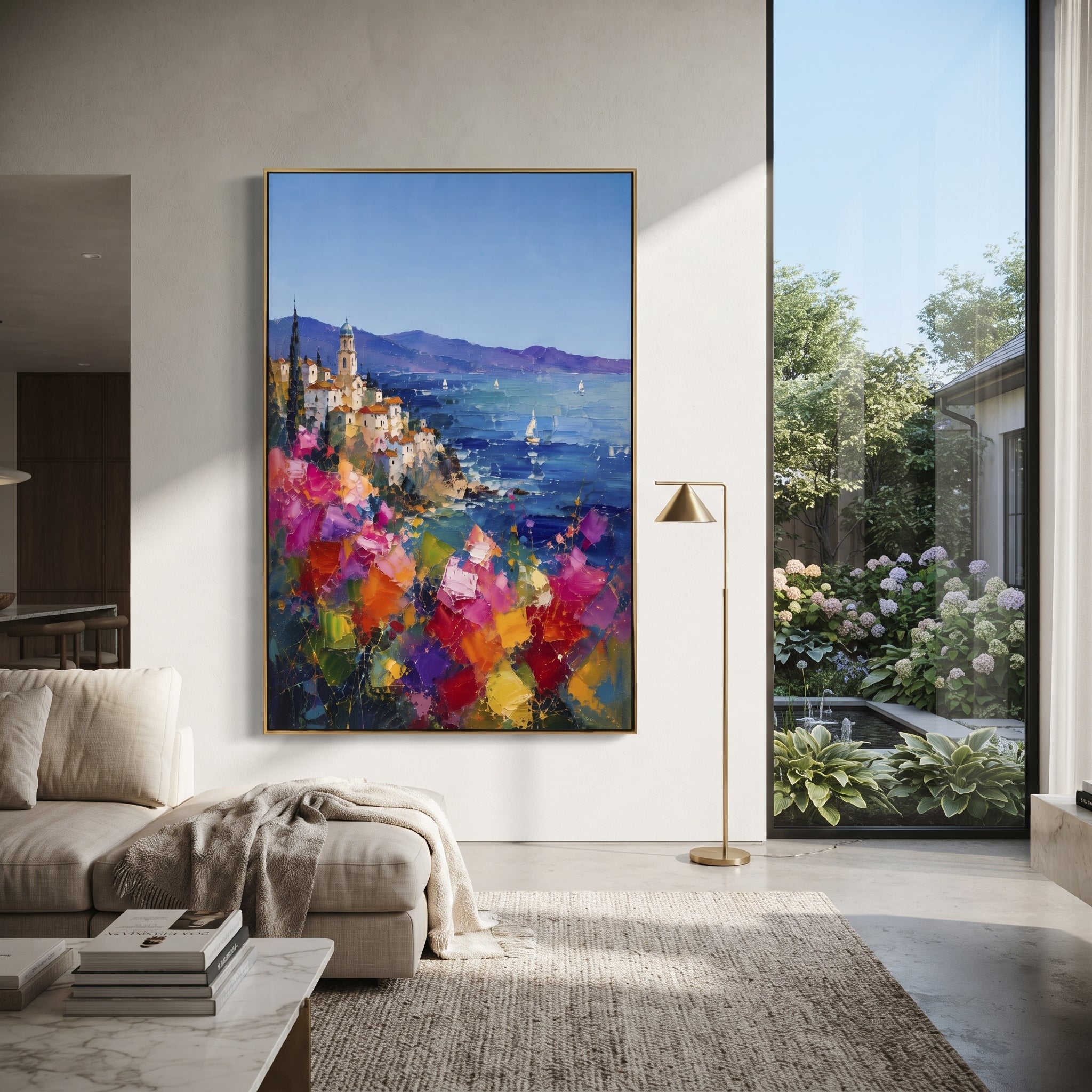 "Mediterranean Sailboat View Study Painting" focuses on atmosphere, surface movement, and sculptural heavy impasto craftsmanship rather than a fixed literal storyline. The composition uses this hand-painted Mediterranean canvas features sailboats on a blue bay, flowering terrace, coastal town and luminous summer sky, built with raised palette-knife texture, layered brushwork, and luminous coastal color as the visual anchor, while layered palette-knife paint, raised plaster-like texture, and