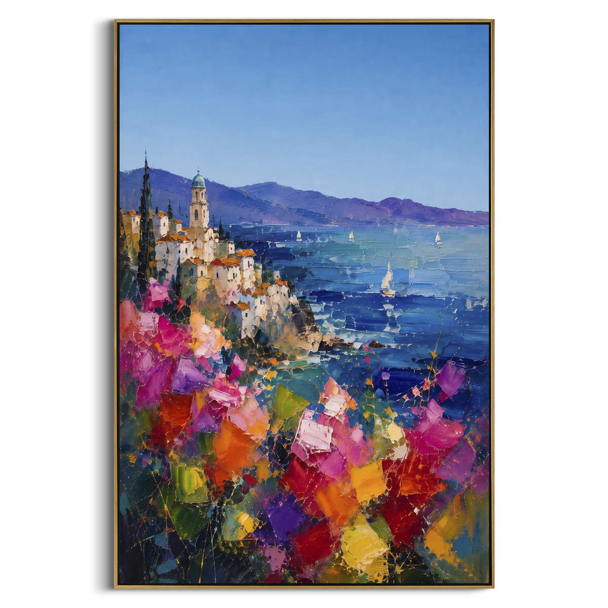 "Mediterranean Sailboat View Study Painting" - Modern Heavy Impasto Coastal Landscape | Blue & Pink Palette Knife Painting | Luxury Vertical Wall Art #PT 1604