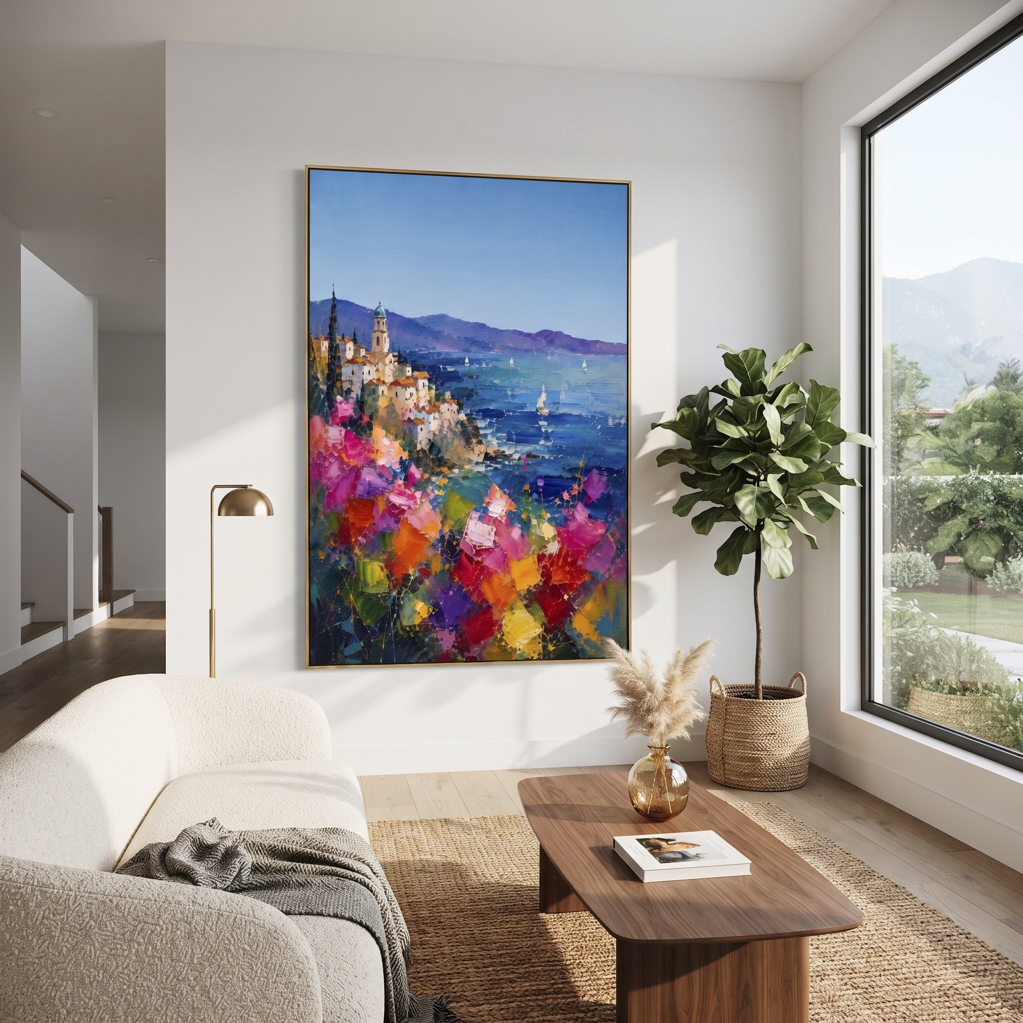 "Mediterranean Sailboat View Study Painting" focuses on atmosphere, surface movement, and sculptural heavy impasto craftsmanship rather than a fixed literal storyline. The composition uses this hand-painted Mediterranean canvas features sailboats on a blue bay, flowering terrace, coastal town and luminous summer sky, built with raised palette-knife texture, layered brushwork, and luminous coastal color as the visual anchor, while layered palette-knife paint, raised plaster-like texture, and