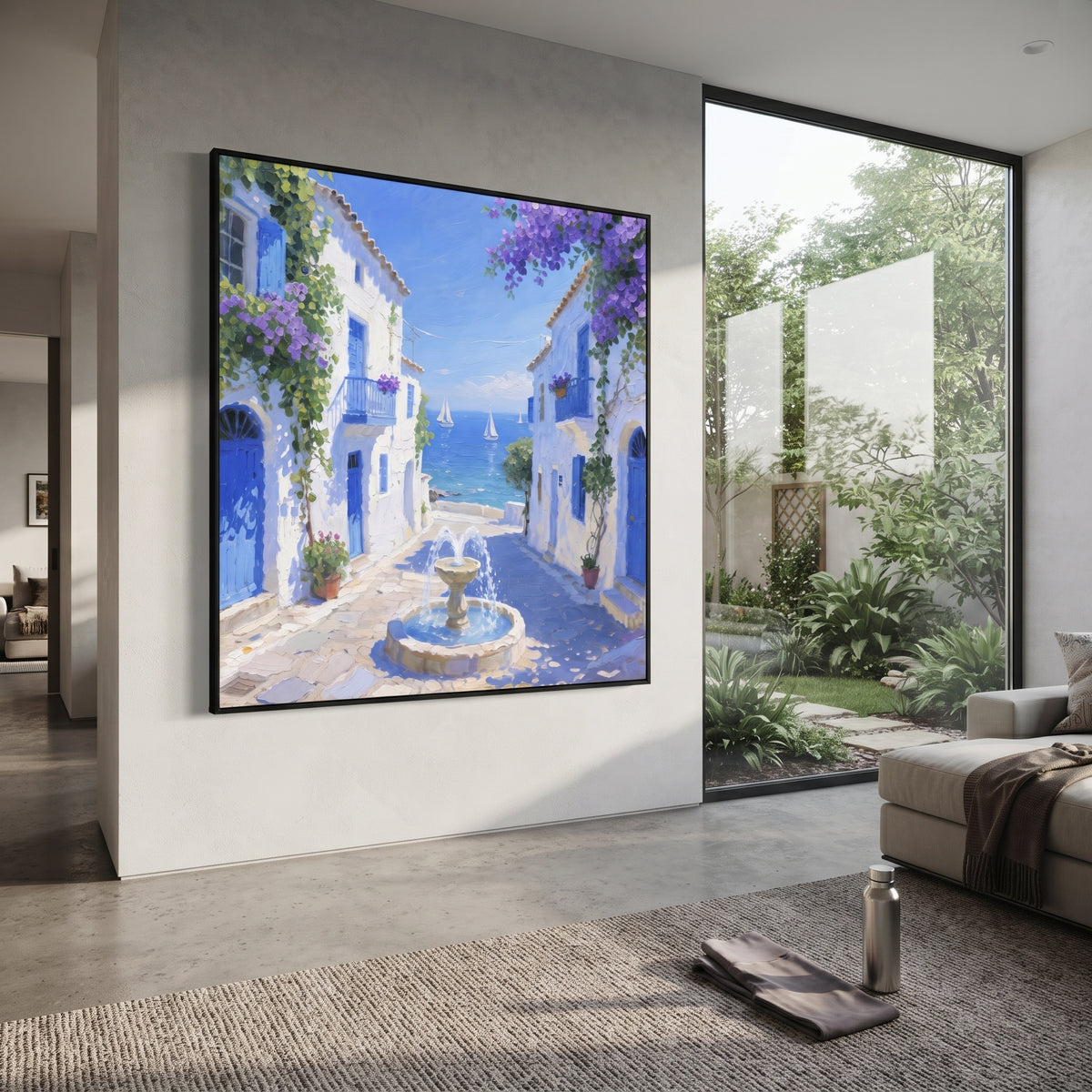 "Blue Door Seaside Terrace Painting" focuses on atmosphere, surface movement, and sculptural heavy impasto craftsmanship rather than a fixed literal storyline. The composition uses this hand-painted Mediterranean canvas features white stucco terrace, blue doors, potted blooms, open view toward the Mediterranean, built with raised palette-knife texture, layered brushwork, and luminous coastal color as the visual anchor, while layered palette-knife paint, raised plaster-like texture, and softened
