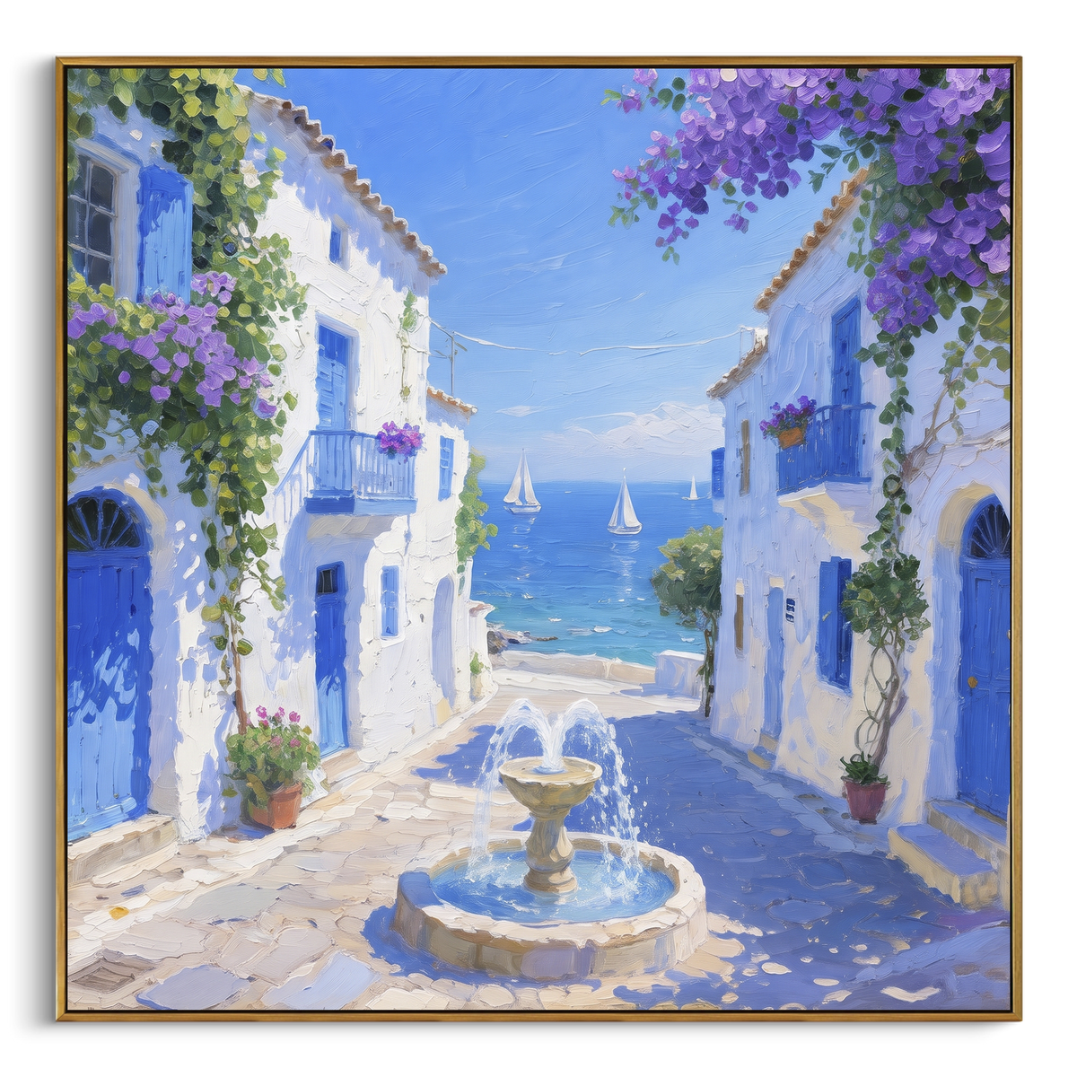 "Blue Door Seaside Terrace Painting" - Modern Heavy Impasto Coastal Landscape | White & Blue Palette Knife Painting | Luxury Square Wall Art #PT 1605