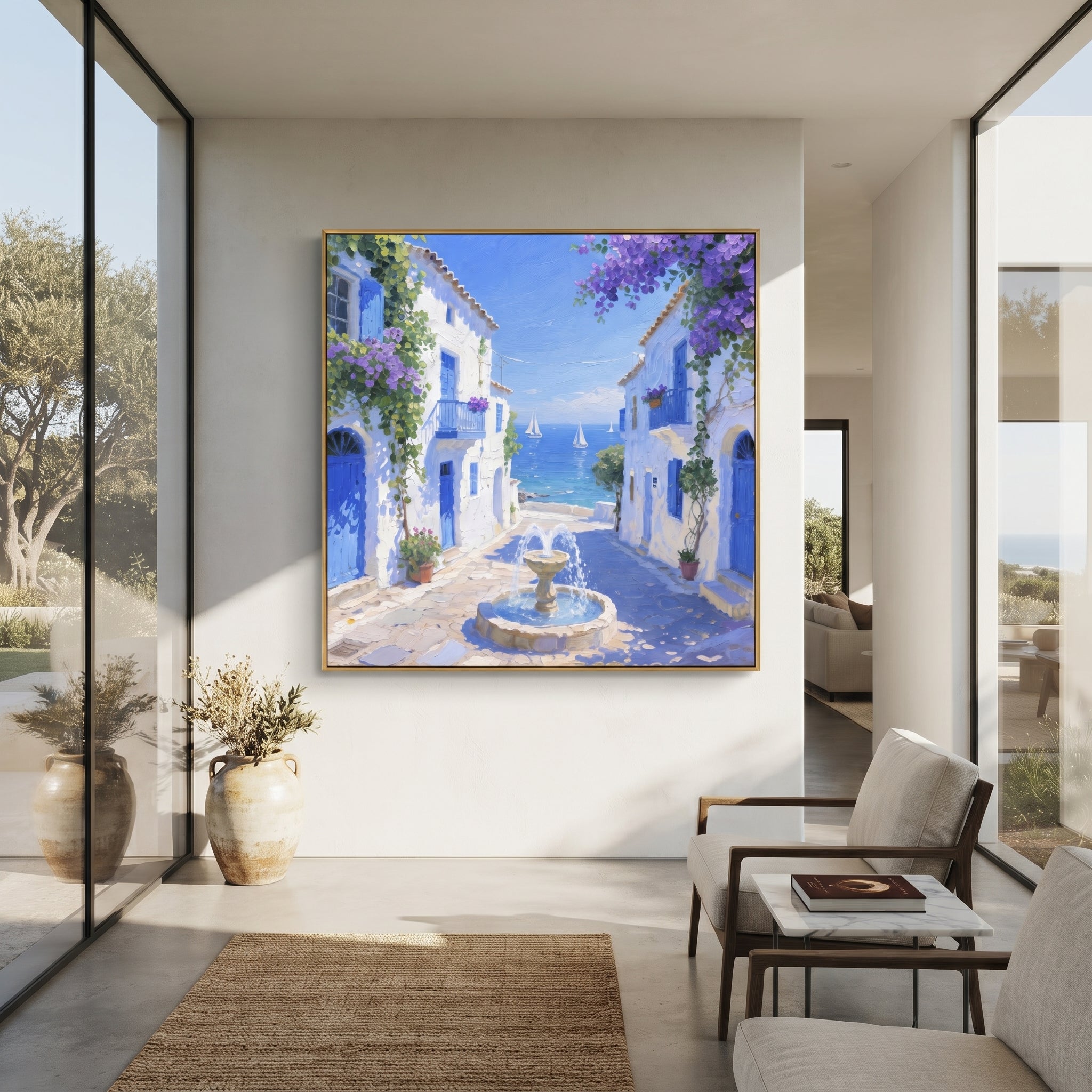 "Blue Door Seaside Terrace Painting" focuses on atmosphere, surface movement, and sculptural heavy impasto craftsmanship rather than a fixed literal storyline. The composition uses this hand-painted Mediterranean canvas features white stucco terrace, blue doors, potted blooms, open view toward the Mediterranean, built with raised palette-knife texture, layered brushwork, and luminous coastal color as the visual anchor, while layered palette-knife paint, raised plaster-like texture, and softened