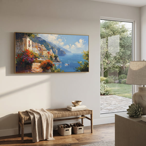 "Coastal Village Boats Painting" - Modern Heavy Impasto Coastal Landscape | Blue & Orange Palette Knife Painting | Luxury Horizontal Wall Art #PT 1606