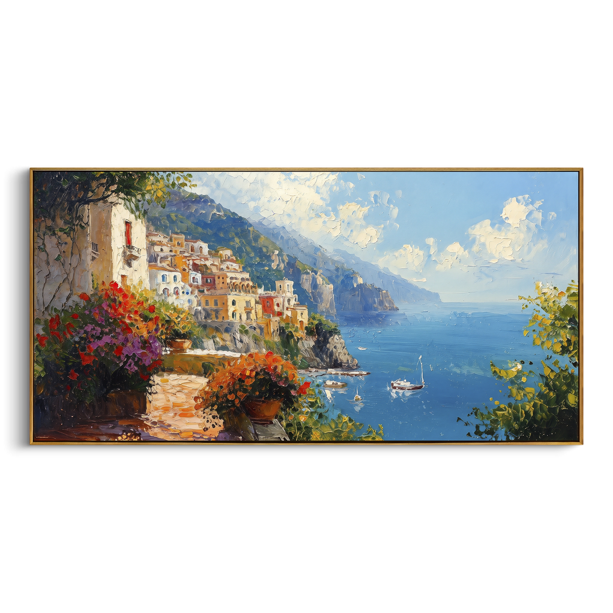 "Coastal Village Boats Painting" - Modern Heavy Impasto Coastal Landscape | Blue & Orange Palette Knife Painting | Luxury Horizontal Wall Art #PT 1606