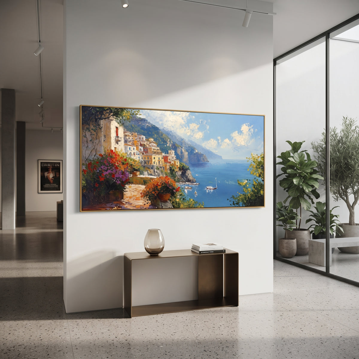 "Coastal Village Boats Painting" focuses on atmosphere, surface movement, and sculptural heavy impasto craftsmanship rather than a fixed literal storyline. The composition uses this hand-painted Mediterranean canvas features colorful waterfront houses, moored boats, shimmering blue harbor reflections, pastel sky, built with raised palette-knife texture, layered brushwork, and luminous coastal color as the visual anchor, while layered palette-knife paint, raised plaster-like texture, and softened