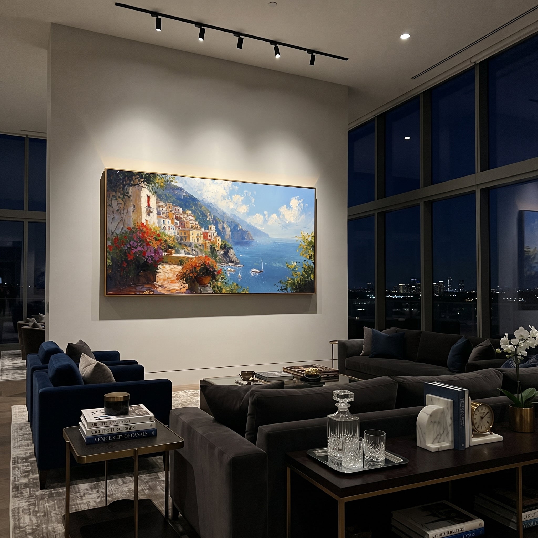 "Coastal Village Boats Painting" focuses on atmosphere, surface movement, and sculptural heavy impasto craftsmanship rather than a fixed literal storyline. The composition uses this hand-painted Mediterranean canvas features colorful waterfront houses, moored boats, shimmering blue harbor reflections, pastel sky, built with raised palette-knife texture, layered brushwork, and luminous coastal color as the visual anchor, while layered palette-knife paint, raised plaster-like texture, and softened