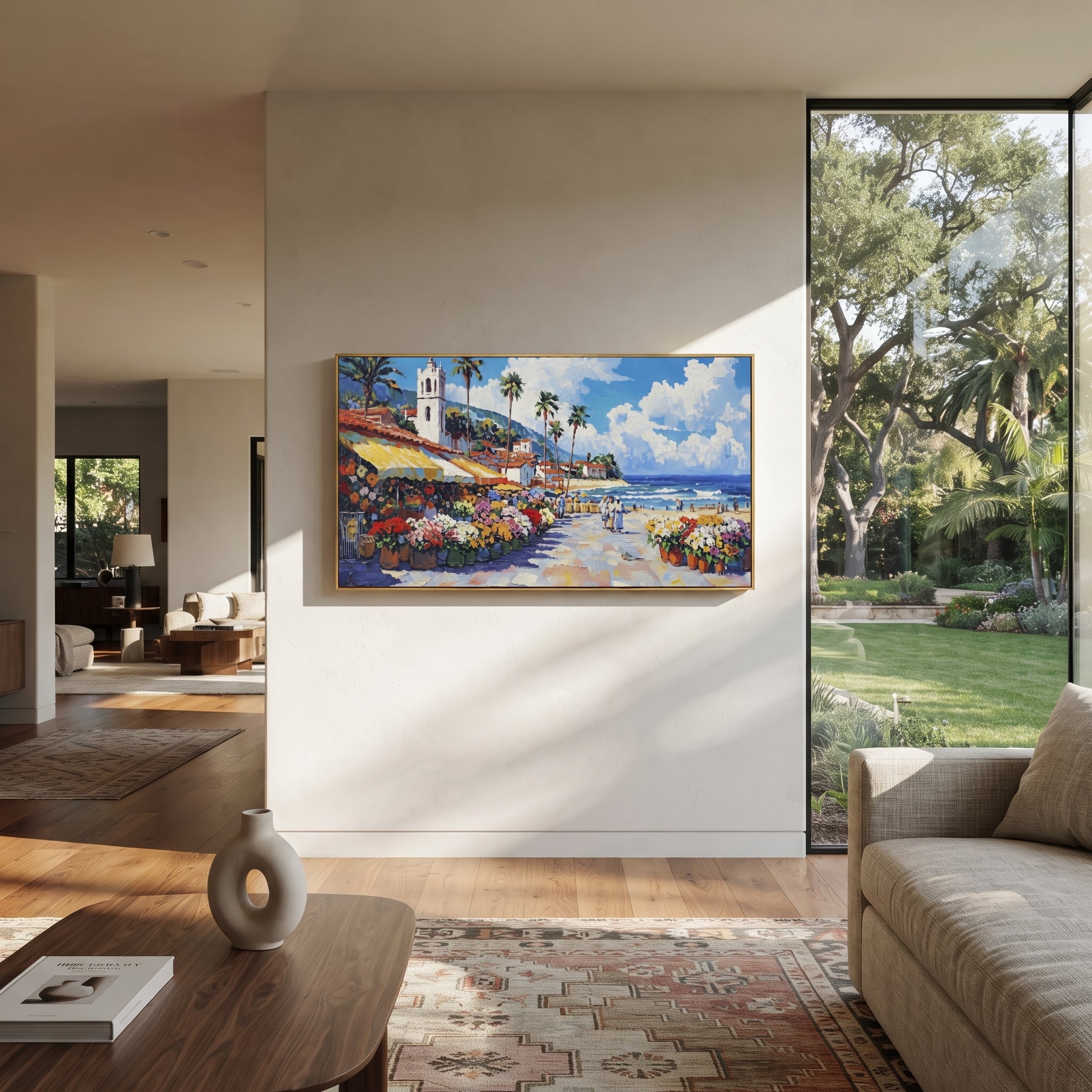 "Flower Market Seaside Painting" focuses on atmosphere, surface movement, and sculptural heavy impasto craftsmanship rather than a fixed literal storyline. The composition uses this hand-painted Mediterranean canvas features sunny seaside promenade with flower stalls, palms, market awnings, distant beach, built with raised palette-knife texture, layered brushwork, and luminous coastal color as the visual anchor, while layered palette-knife paint, raised plaster-like texture, and softened brush