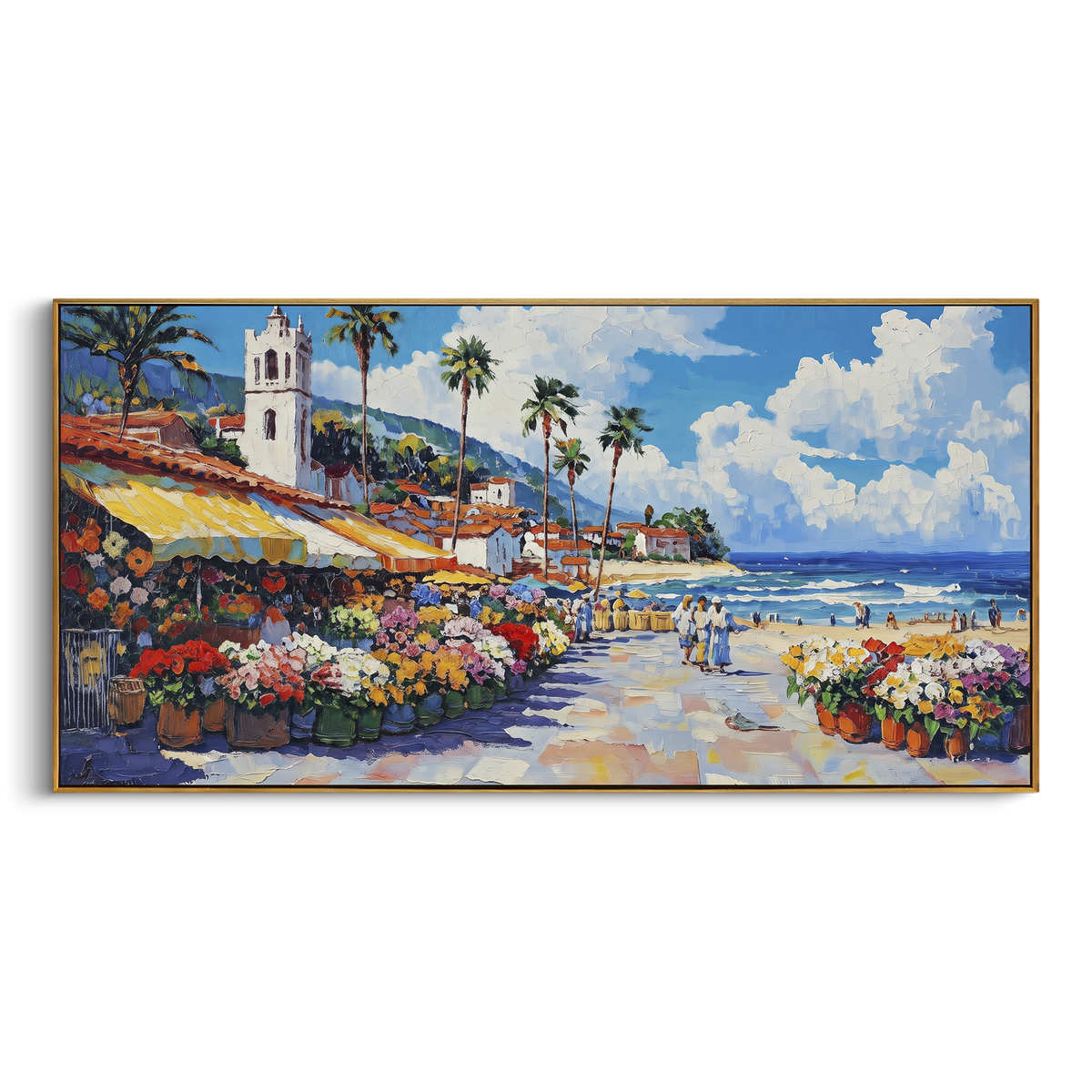 "Flower Market Seaside Painting" - Modern Heavy Impasto Coastal Landscape | Pink & Green Palette Knife Painting | Luxury Horizontal Wall Art #PT 1607