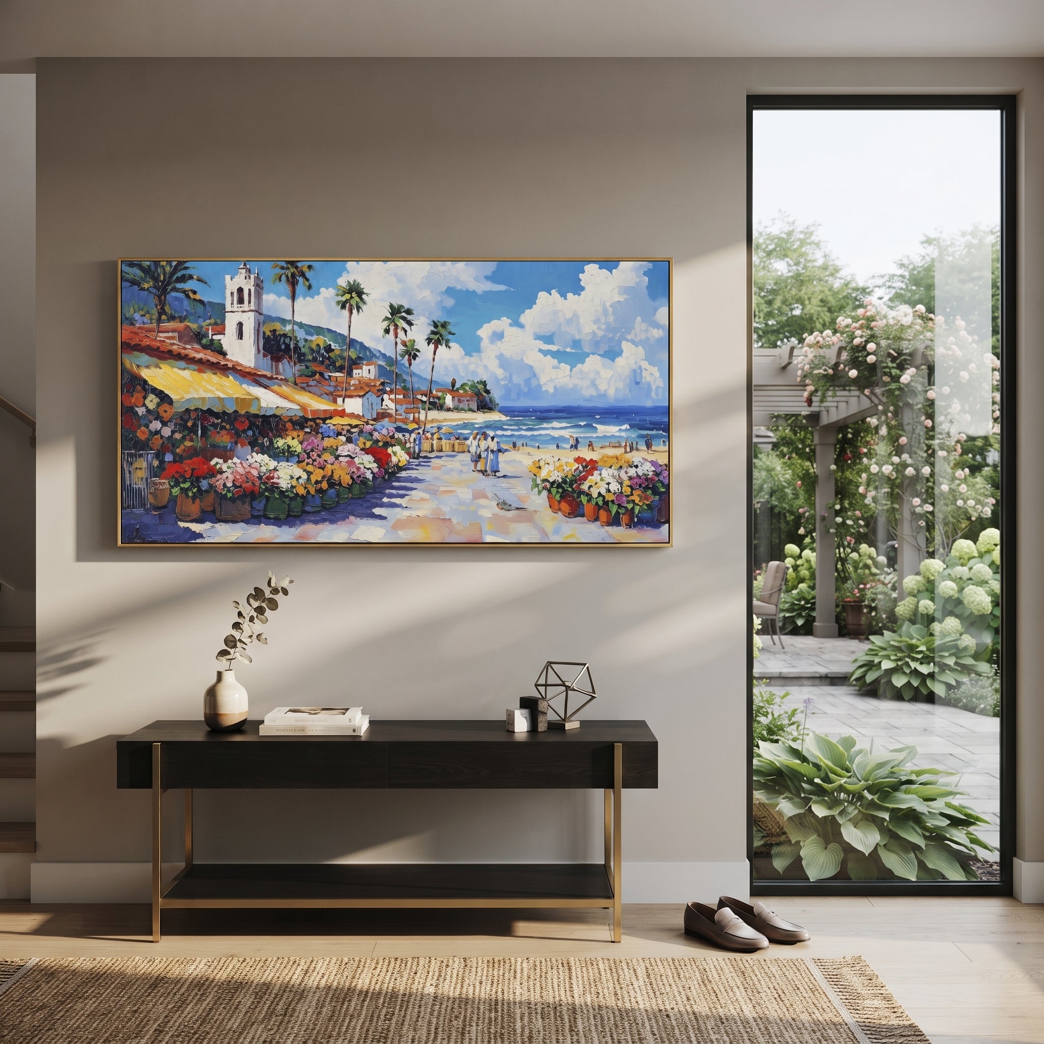 "Flower Market Seaside Painting" focuses on atmosphere, surface movement, and sculptural heavy impasto craftsmanship rather than a fixed literal storyline. The composition uses this hand-painted Mediterranean canvas features sunny seaside promenade with flower stalls, palms, market awnings, distant beach, built with raised palette-knife texture, layered brushwork, and luminous coastal color as the visual anchor, while layered palette-knife paint, raised plaster-like texture, and softened brush