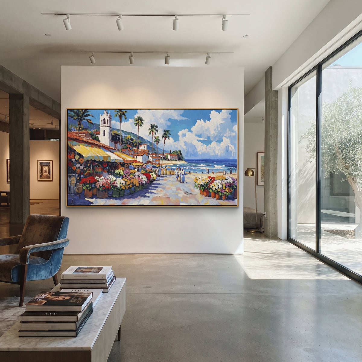"Flower Market Seaside Painting" focuses on atmosphere, surface movement, and sculptural heavy impasto craftsmanship rather than a fixed literal storyline. The composition uses this hand-painted Mediterranean canvas features sunny seaside promenade with flower stalls, palms, market awnings, distant beach, built with raised palette-knife texture, layered brushwork, and luminous coastal color as the visual anchor, while layered palette-knife paint, raised plaster-like texture, and softened brush