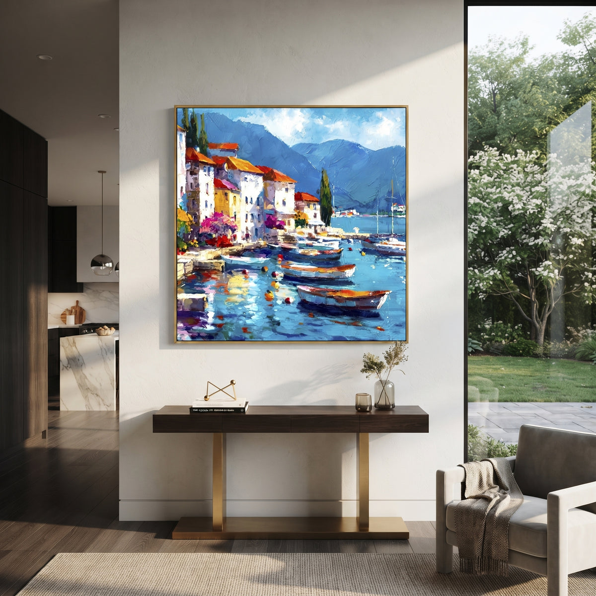 "Sunny Marina Reflections Painting" focuses on atmosphere, surface movement, and sculptural heavy impasto craftsmanship rather than a fixed literal storyline. The composition uses this hand-painted Mediterranean canvas features colorful waterfront houses, moored boats, shimmering blue harbor reflections, pastel sky, built with raised palette-knife texture, layered brushwork, and luminous coastal color as the visual anchor, while layered palette-knife paint, raised plaster-like texture, and