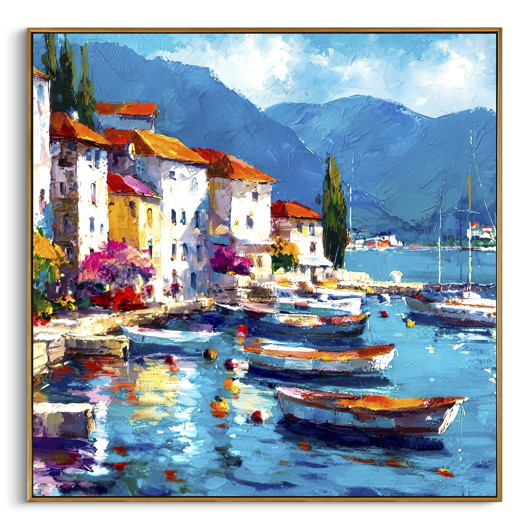 "Sunny Marina Reflections Painting" focuses on atmosphere, surface movement, and sculptural heavy impasto craftsmanship rather than a fixed literal storyline. The composition uses this hand-painted Mediterranean canvas features colorful waterfront houses, moored boats, shimmering blue harbor reflections, pastel sky, built with raised palette-knife texture, layered brushwork, and luminous coastal color as the visual anchor, while layered palette-knife paint, raised plaster-like texture, and