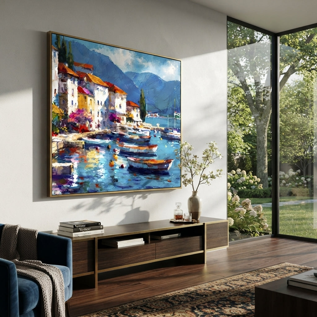 "Sunny Marina Reflections Painting" focuses on atmosphere, surface movement, and sculptural heavy impasto craftsmanship rather than a fixed literal storyline. The composition uses this hand-painted Mediterranean canvas features colorful waterfront houses, moored boats, shimmering blue harbor reflections, pastel sky, built with raised palette-knife texture, layered brushwork, and luminous coastal color as the visual anchor, while layered palette-knife paint, raised plaster-like texture, and
