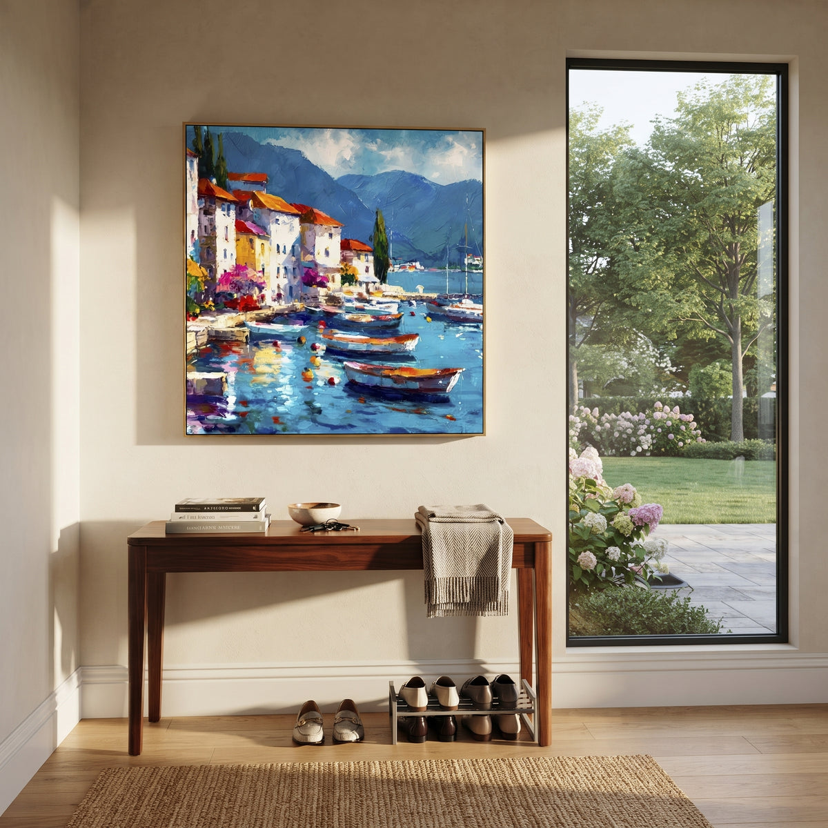 "Sunny Marina Reflections Painting" focuses on atmosphere, surface movement, and sculptural heavy impasto craftsmanship rather than a fixed literal storyline. The composition uses this hand-painted Mediterranean canvas features colorful waterfront houses, moored boats, shimmering blue harbor reflections, pastel sky, built with raised palette-knife texture, layered brushwork, and luminous coastal color as the visual anchor, while layered palette-knife paint, raised plaster-like texture, and