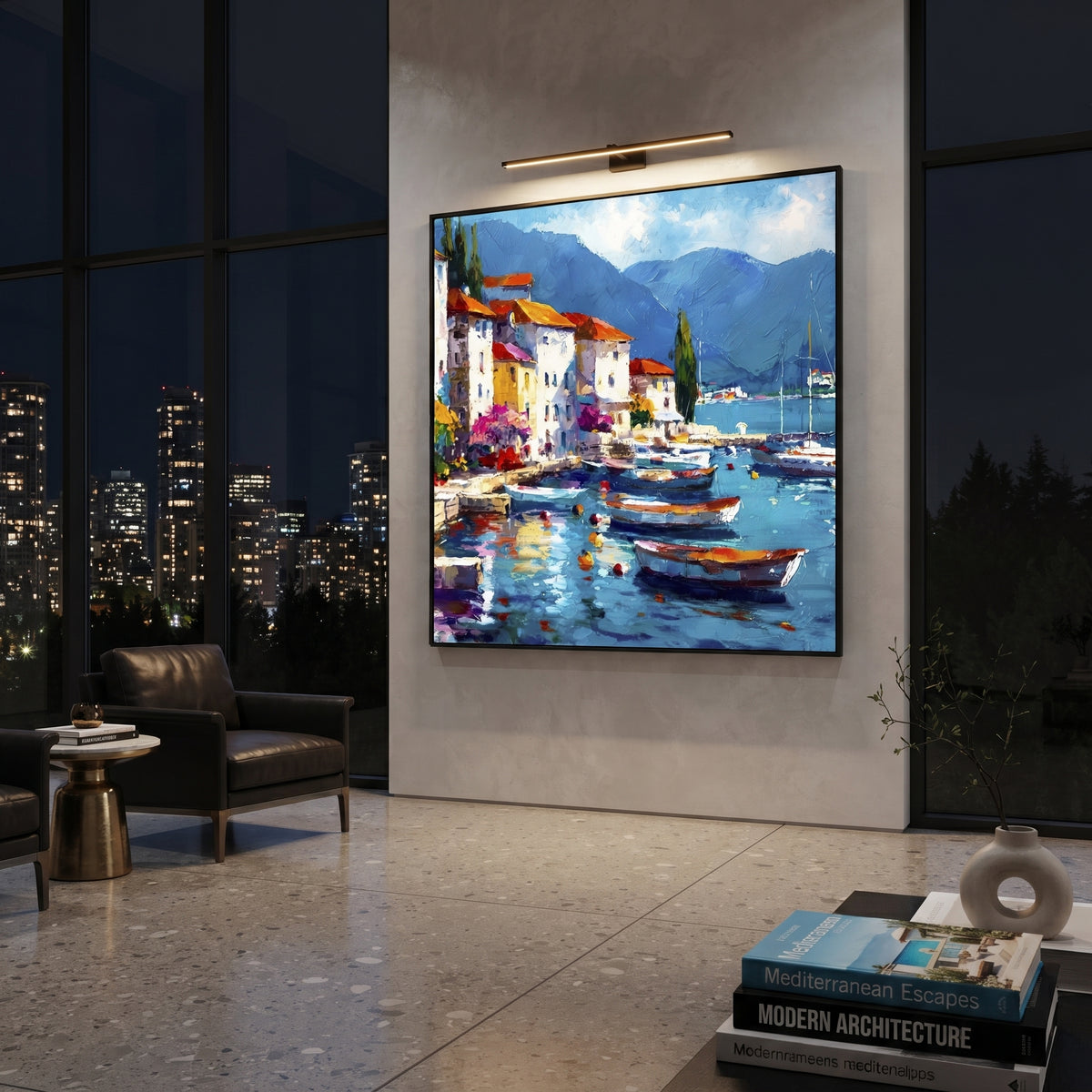 "Sunny Marina Reflections Painting" focuses on atmosphere, surface movement, and sculptural heavy impasto craftsmanship rather than a fixed literal storyline. The composition uses this hand-painted Mediterranean canvas features colorful waterfront houses, moored boats, shimmering blue harbor reflections, pastel sky, built with raised palette-knife texture, layered brushwork, and luminous coastal color as the visual anchor, while layered palette-knife paint, raised plaster-like texture, and