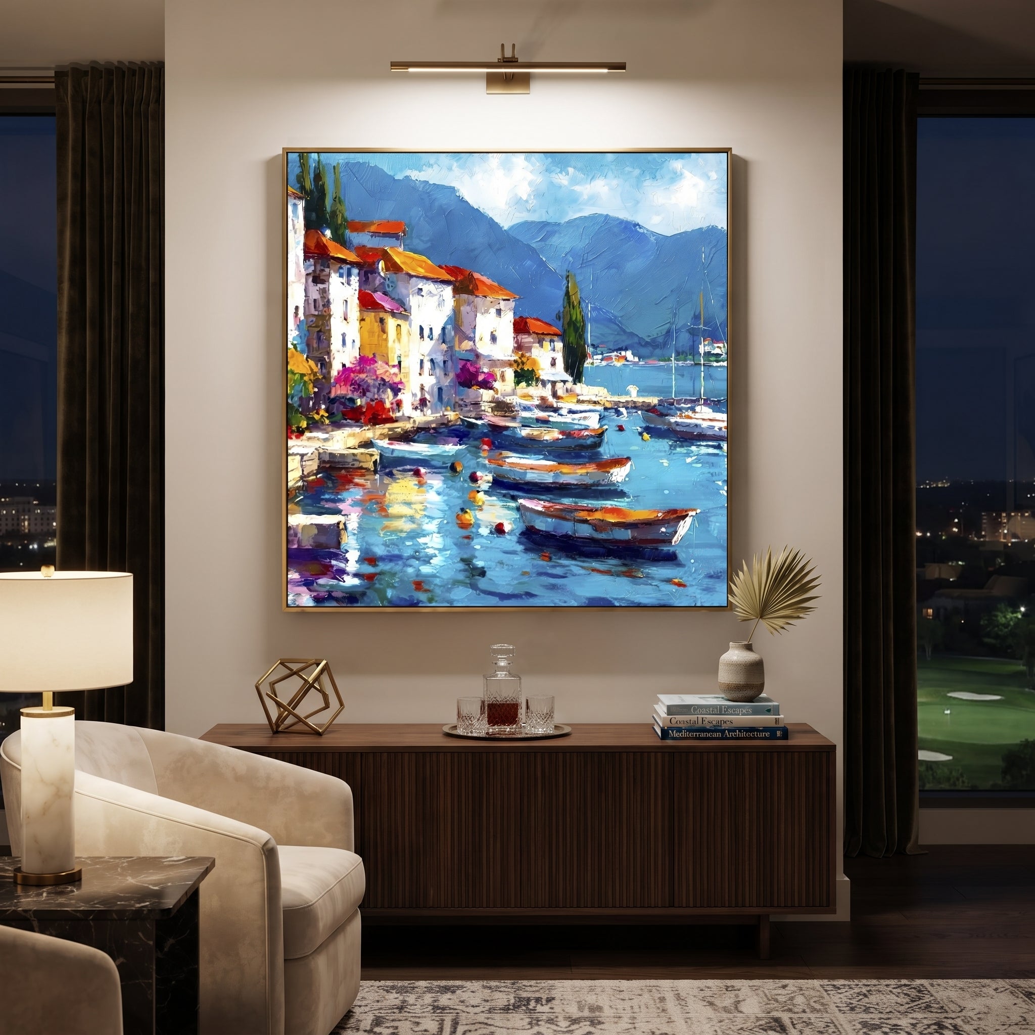 "Sunny Marina Reflections Painting" focuses on atmosphere, surface movement, and sculptural heavy impasto craftsmanship rather than a fixed literal storyline. The composition uses this hand-painted Mediterranean canvas features colorful waterfront houses, moored boats, shimmering blue harbor reflections, pastel sky, built with raised palette-knife texture, layered brushwork, and luminous coastal color as the visual anchor, while layered palette-knife paint, raised plaster-like texture, and