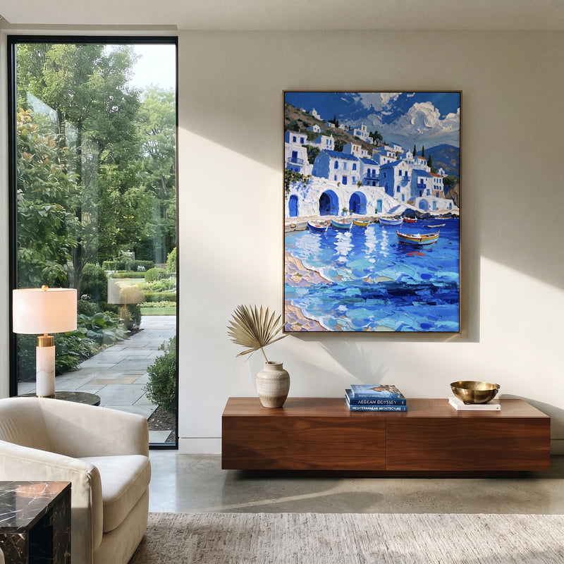 "Colorful Harbor Village Study Painting" - Modern Heavy Impasto Coastal Landscape | Blue & Orange Palette Knife Painting | Luxury Vertical Wall Art #PT 1609