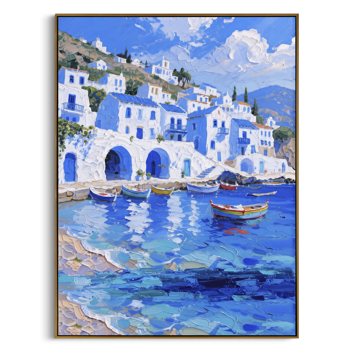 "Colorful Harbor Village Study Painting" - Modern Heavy Impasto Coastal Landscape | Blue & Orange Palette Knife Painting | Luxury Vertical Wall Art #PT 1609