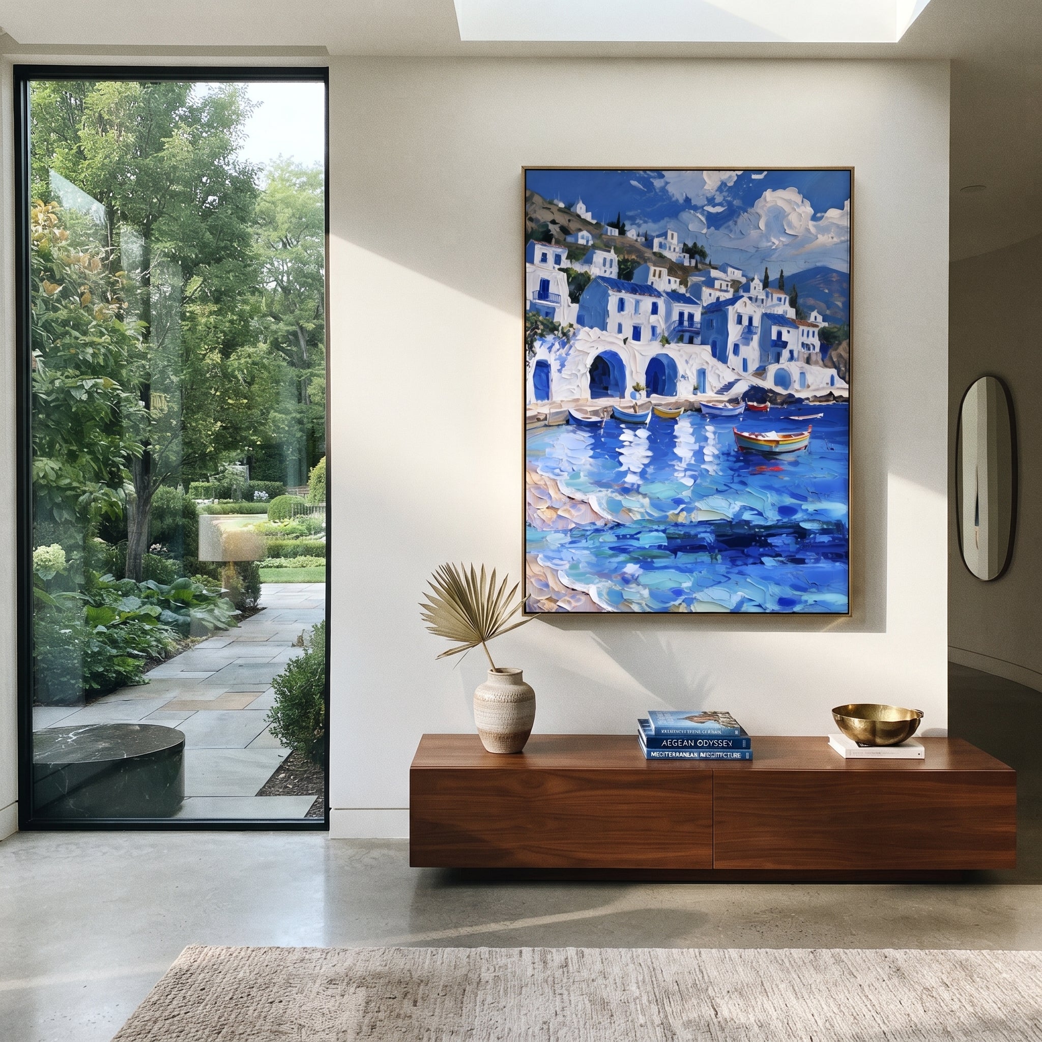 "Colorful Harbor Village Study Painting" focuses on atmosphere, surface movement, and sculptural heavy impasto craftsmanship rather than a fixed literal storyline. The composition uses this hand-painted Mediterranean canvas features colorful waterfront houses, moored boats, shimmering blue harbor reflections, pastel sky, built with raised palette-knife texture, layered brushwork, and luminous coastal color as the visual anchor, while layered palette-knife paint, raised plaster-like texture, and