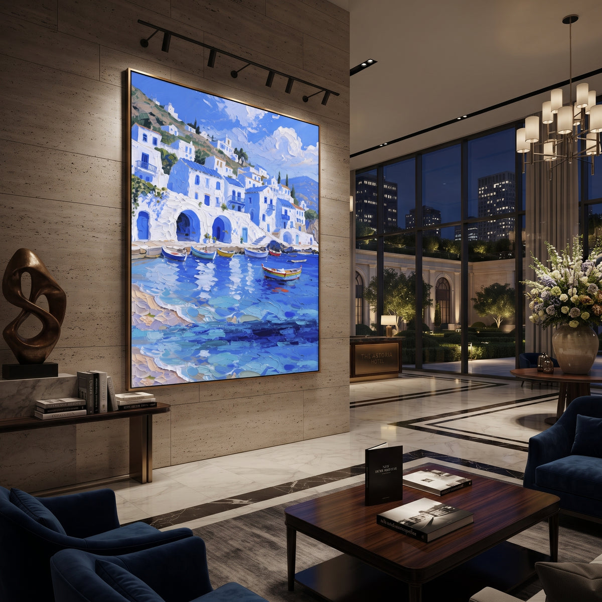 "Colorful Harbor Village Study Painting" focuses on atmosphere, surface movement, and sculptural heavy impasto craftsmanship rather than a fixed literal storyline. The composition uses this hand-painted Mediterranean canvas features colorful waterfront houses, moored boats, shimmering blue harbor reflections, pastel sky, built with raised palette-knife texture, layered brushwork, and luminous coastal color as the visual anchor, while layered palette-knife paint, raised plaster-like texture, and