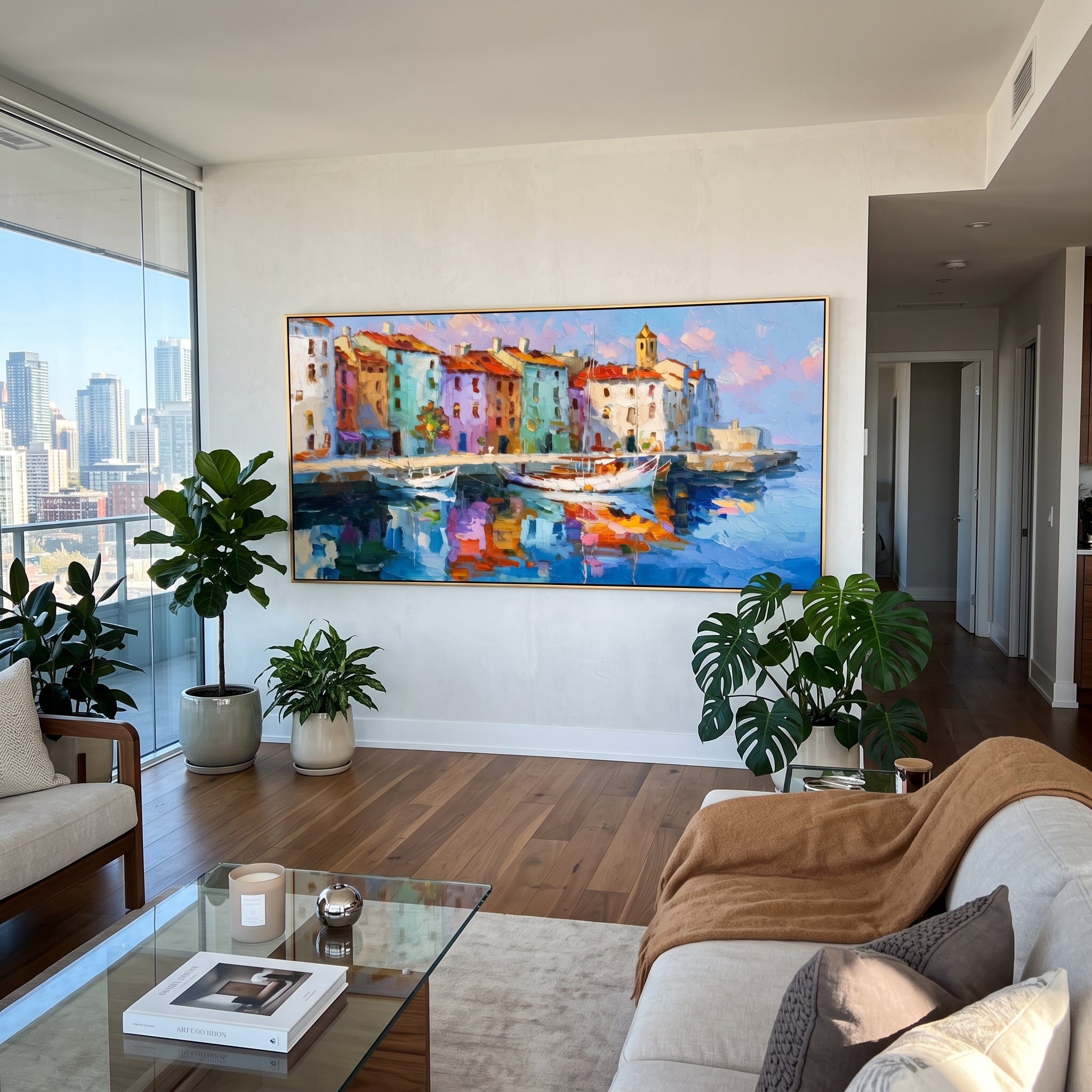 "Stacked Seaside Village Painting" focuses on atmosphere, surface movement, and sculptural heavy impasto craftsmanship rather than a fixed literal storyline. The composition uses this hand-painted Mediterranean canvas features stacked pastel buildings on seaside cliffs, boats below, bright impasto coastal color, built with raised palette-knife texture, layered brushwork, and luminous coastal color as the visual anchor, while layered palette-knife paint, raised plaster-like texture, and softened