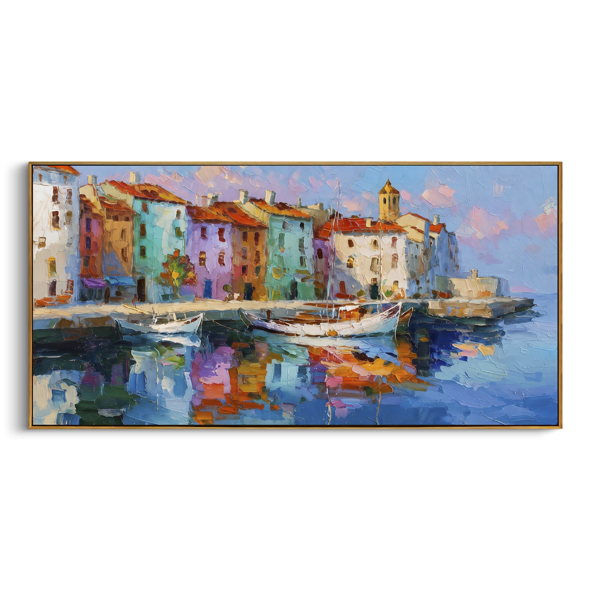 "Stacked Seaside Village Painting" - Modern Heavy Impasto Coastal Landscape | Blue & Orange Palette Knife Painting | Luxury Horizontal Wall Art #PT 1610