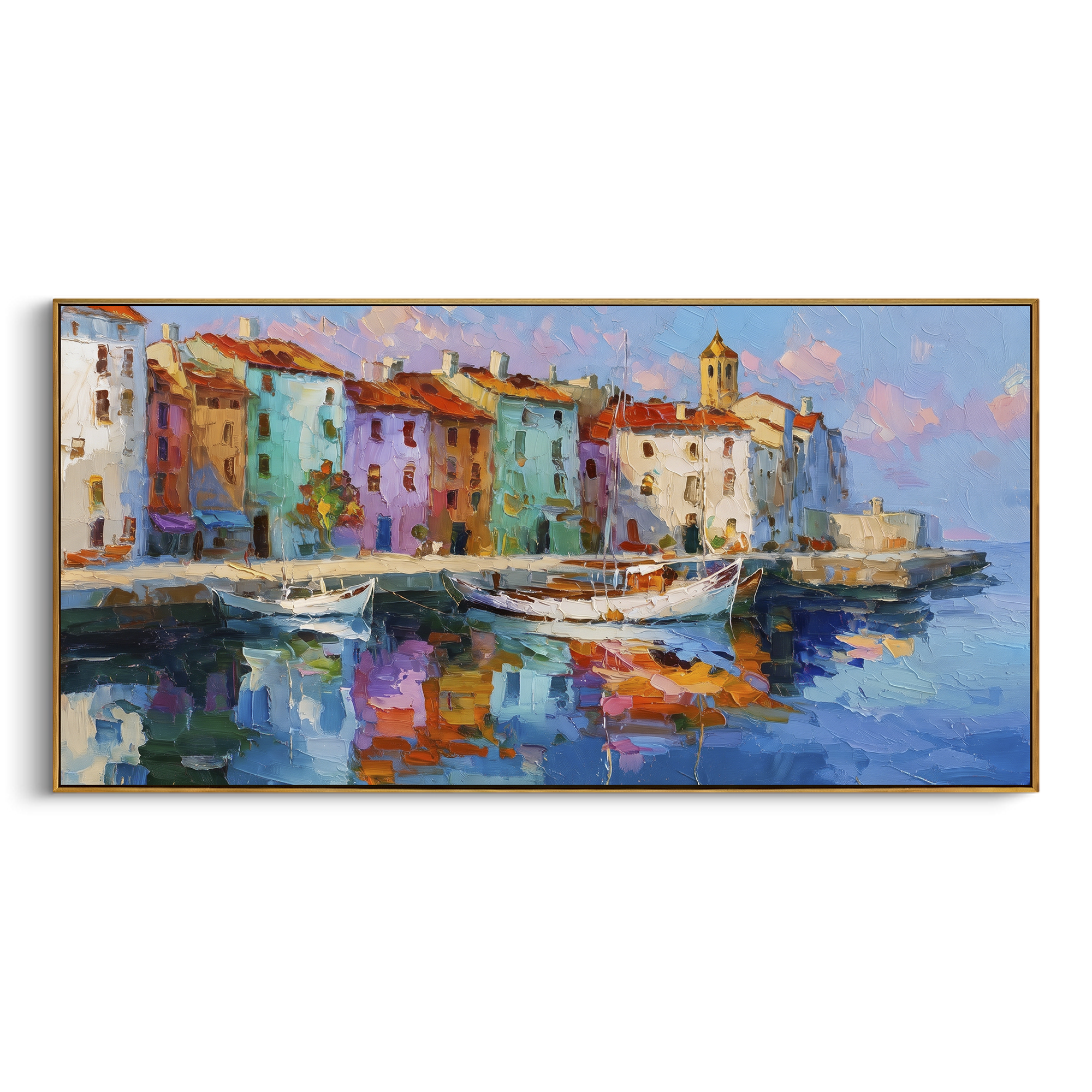"Stacked Seaside Village Painting" focuses on atmosphere, surface movement, and sculptural heavy impasto craftsmanship rather than a fixed literal storyline. The composition uses this hand-painted Mediterranean canvas features stacked pastel buildings on seaside cliffs, boats below, bright impasto coastal color, built with raised palette-knife texture, layered brushwork, and luminous coastal color as the visual anchor, while layered palette-knife paint, raised plaster-like texture, and softened