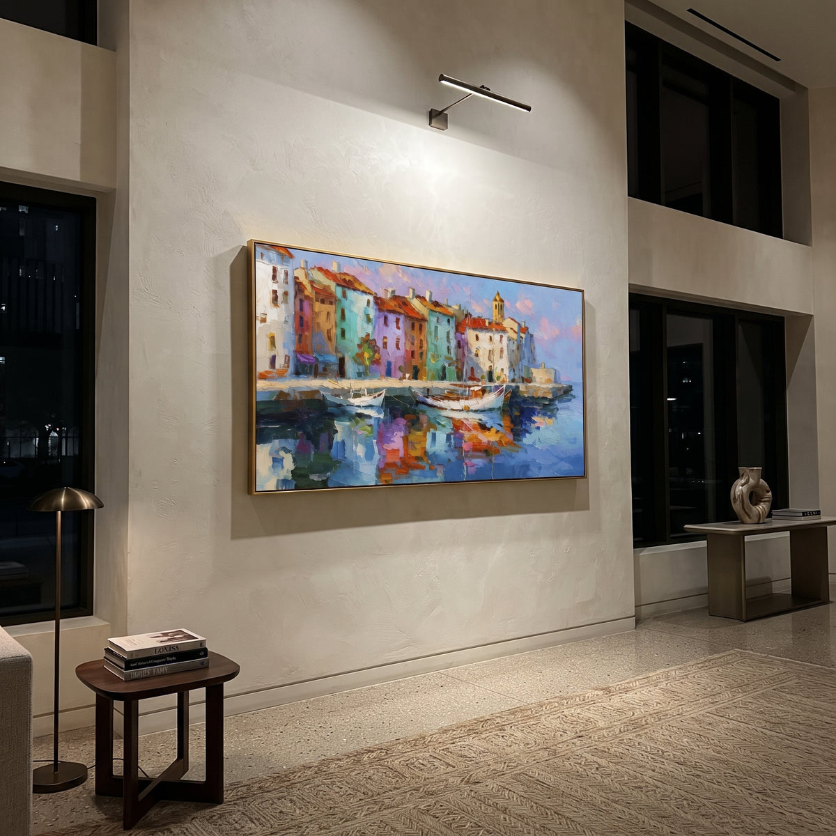 "Stacked Seaside Village Painting" focuses on atmosphere, surface movement, and sculptural heavy impasto craftsmanship rather than a fixed literal storyline. The composition uses this hand-painted Mediterranean canvas features stacked pastel buildings on seaside cliffs, boats below, bright impasto coastal color, built with raised palette-knife texture, layered brushwork, and luminous coastal color as the visual anchor, while layered palette-knife paint, raised plaster-like texture, and softened