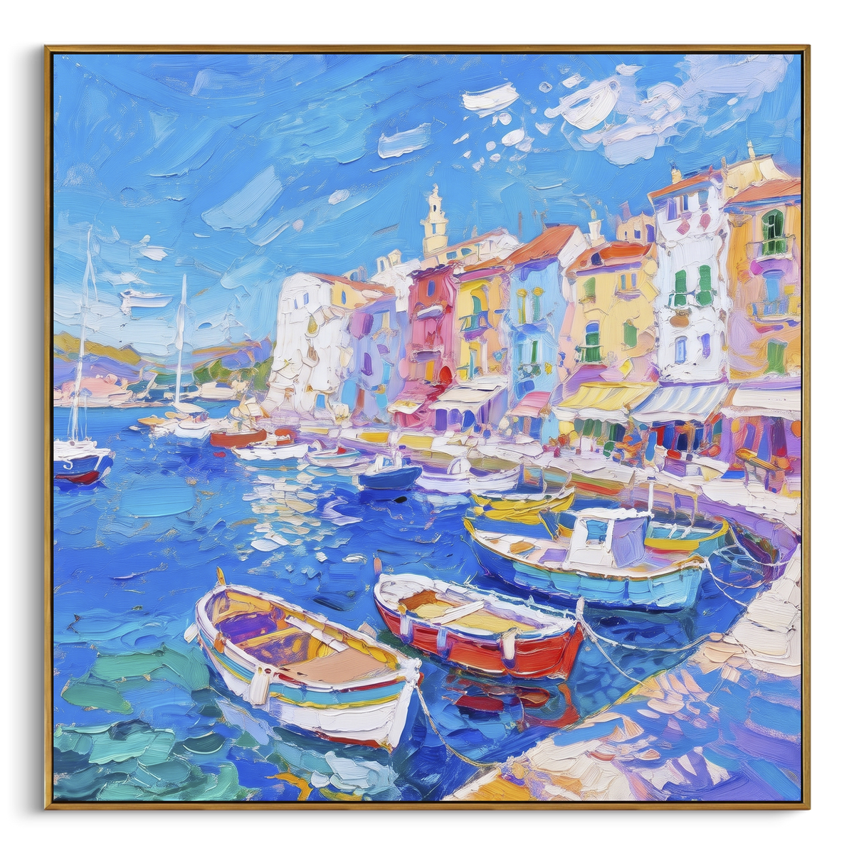 "Mediterranean Boat Harbor Study Painting" focuses on atmosphere, surface movement, and sculptural heavy impasto craftsmanship rather than a fixed literal storyline. The composition uses this hand-painted Mediterranean canvas features colorful waterfront houses, moored boats, shimmering blue harbor reflections, pastel sky, built with raised palette-knife texture, layered brushwork, and luminous coastal color as the visual anchor, while layered palette-knife paint, raised plaster-like texture