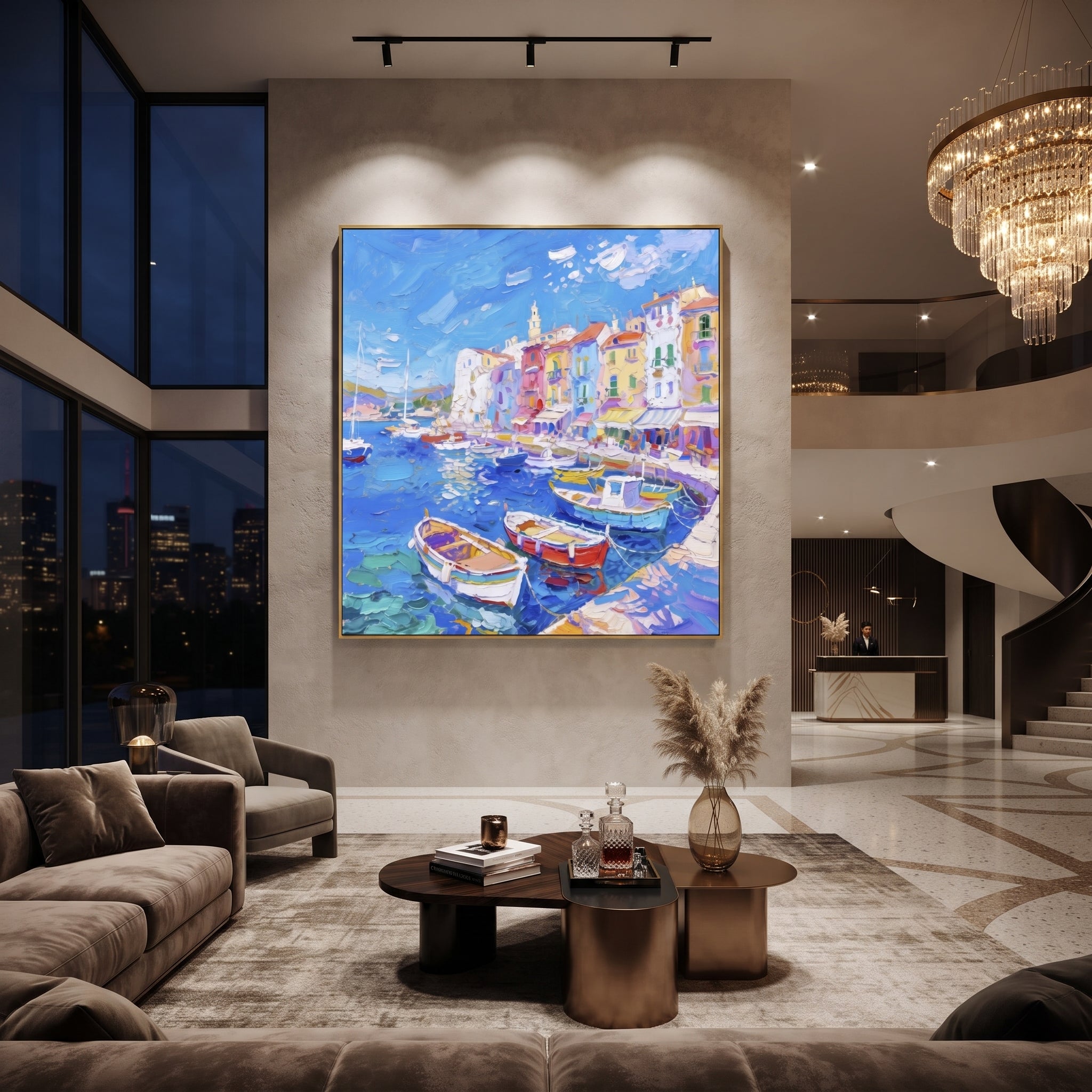 "Mediterranean Boat Harbor Study Painting" focuses on atmosphere, surface movement, and sculptural heavy impasto craftsmanship rather than a fixed literal storyline. The composition uses this hand-painted Mediterranean canvas features colorful waterfront houses, moored boats, shimmering blue harbor reflections, pastel sky, built with raised palette-knife texture, layered brushwork, and luminous coastal color as the visual anchor, while layered palette-knife paint, raised plaster-like texture