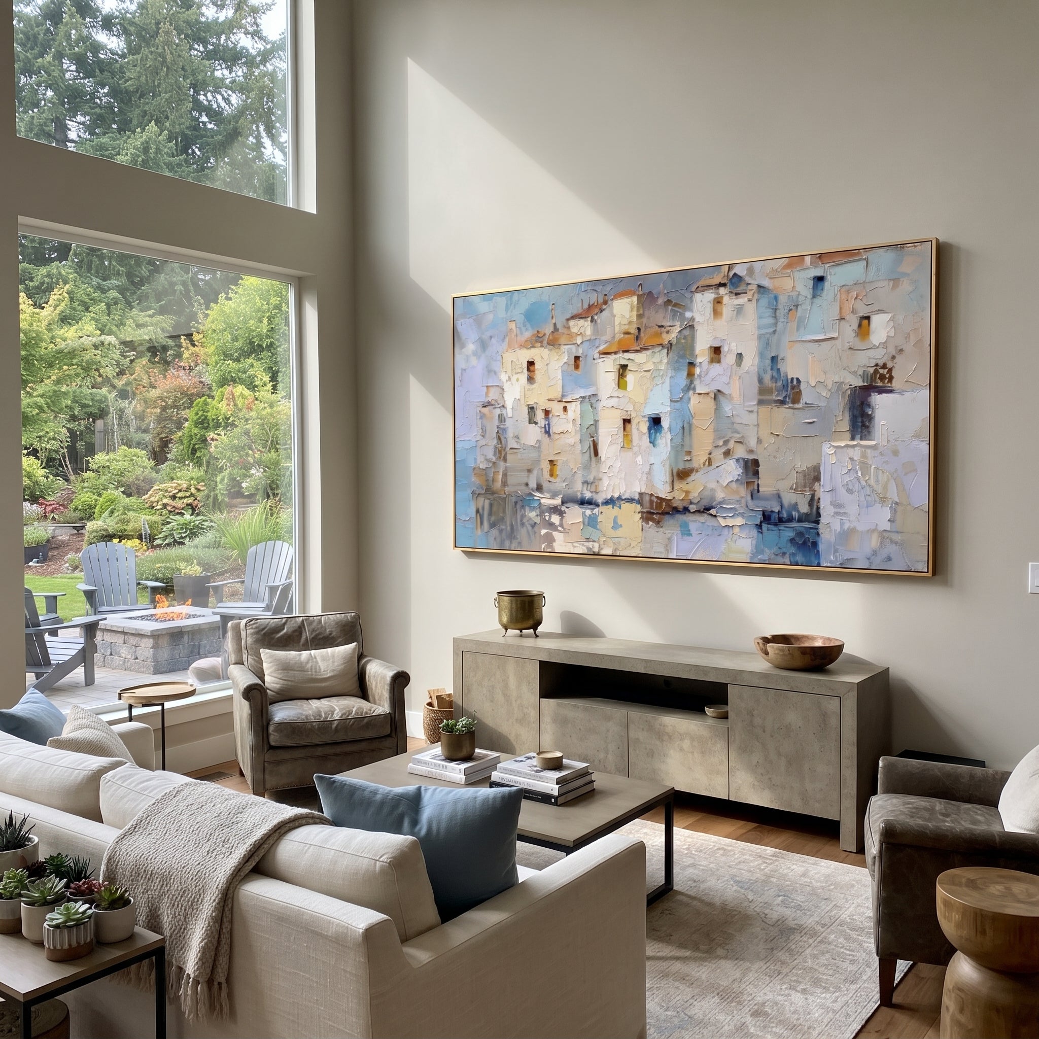 "Mediterranean Patio Painting" focuses on atmosphere, surface movement, and sculptural heavy impasto craftsmanship rather than a fixed literal storyline. The composition uses this hand-painted Mediterranean canvas features white stucco terrace, blue doors, potted blooms, open view toward the Mediterranean, built with raised palette-knife texture, layered brushwork, and luminous coastal color as the visual anchor, while layered palette-knife paint, raised plaster-like texture, and softened brush