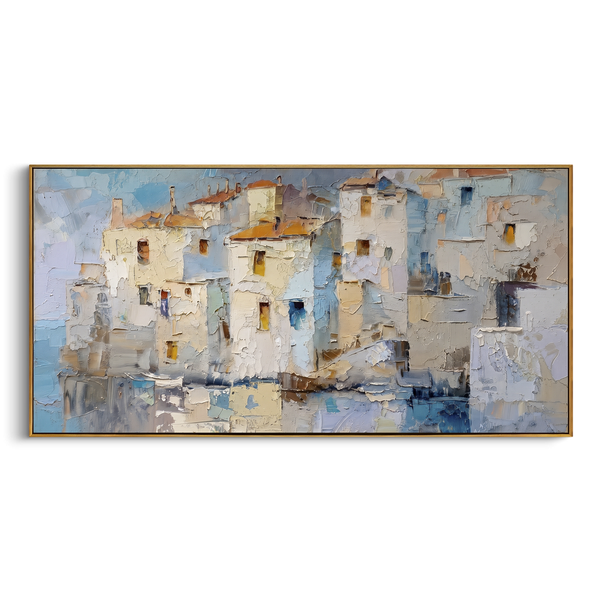 "Mediterranean Patio Painting" - Modern Heavy Impasto Coastal Landscape | White & Blue Palette Knife Painting | Luxury Horizontal Wall Art #PT 1612