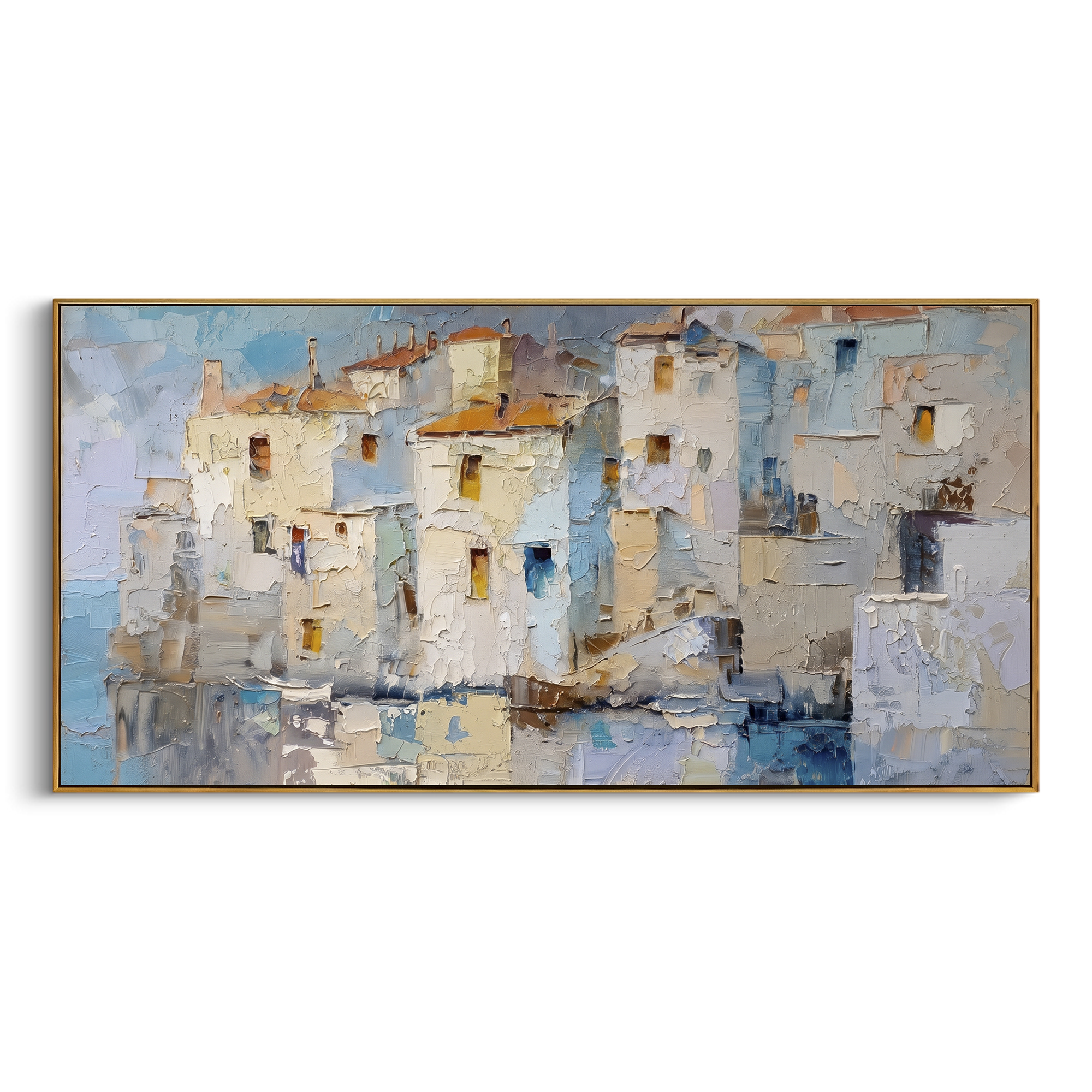 "Mediterranean Patio Painting" focuses on atmosphere, surface movement, and sculptural heavy impasto craftsmanship rather than a fixed literal storyline. The composition uses this hand-painted Mediterranean canvas features white stucco terrace, blue doors, potted blooms, open view toward the Mediterranean, built with raised palette-knife texture, layered brushwork, and luminous coastal color as the visual anchor, while layered palette-knife paint, raised plaster-like texture, and softened brush