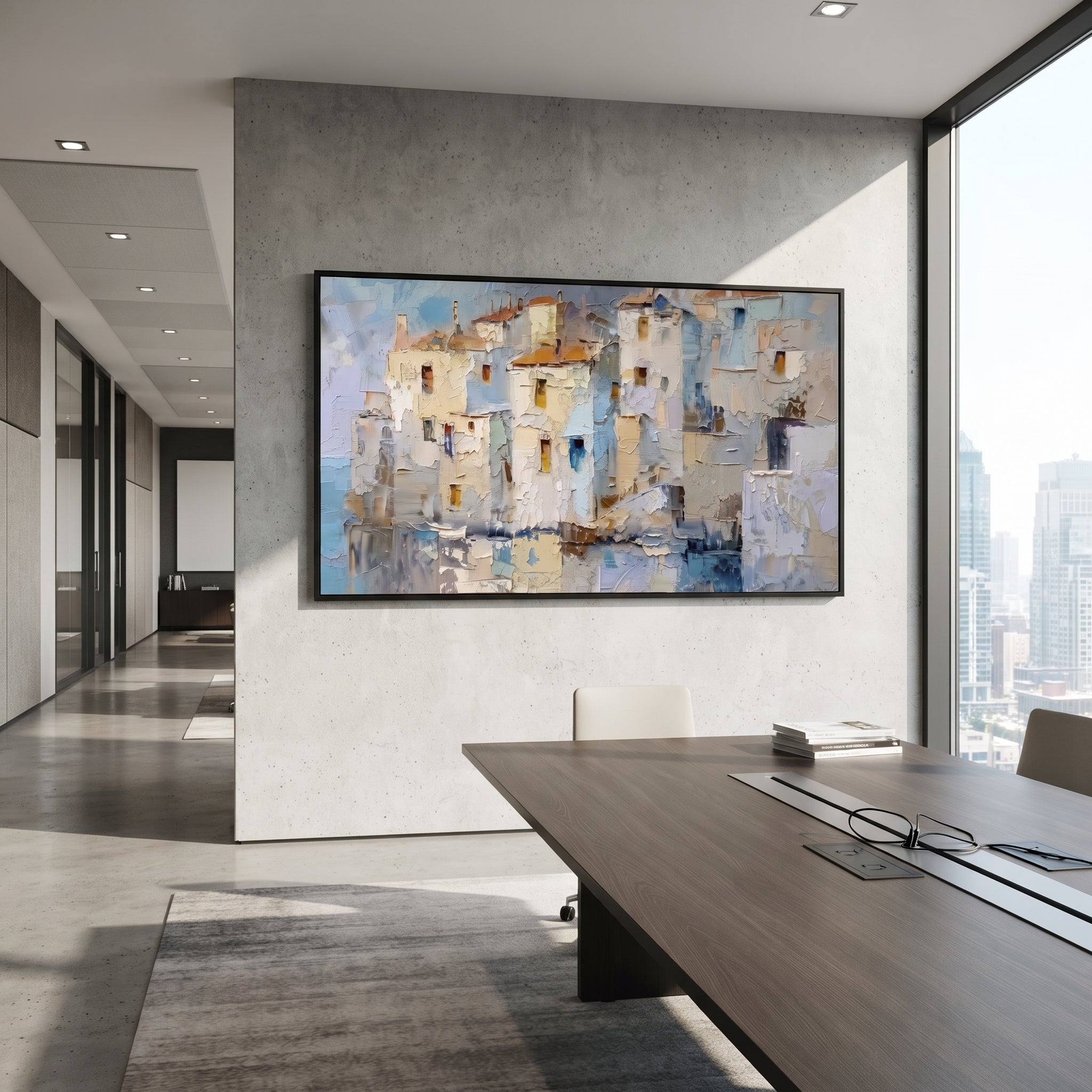 "Mediterranean Patio Painting" focuses on atmosphere, surface movement, and sculptural heavy impasto craftsmanship rather than a fixed literal storyline. The composition uses this hand-painted Mediterranean canvas features white stucco terrace, blue doors, potted blooms, open view toward the Mediterranean, built with raised palette-knife texture, layered brushwork, and luminous coastal color as the visual anchor, while layered palette-knife paint, raised plaster-like texture, and softened brush