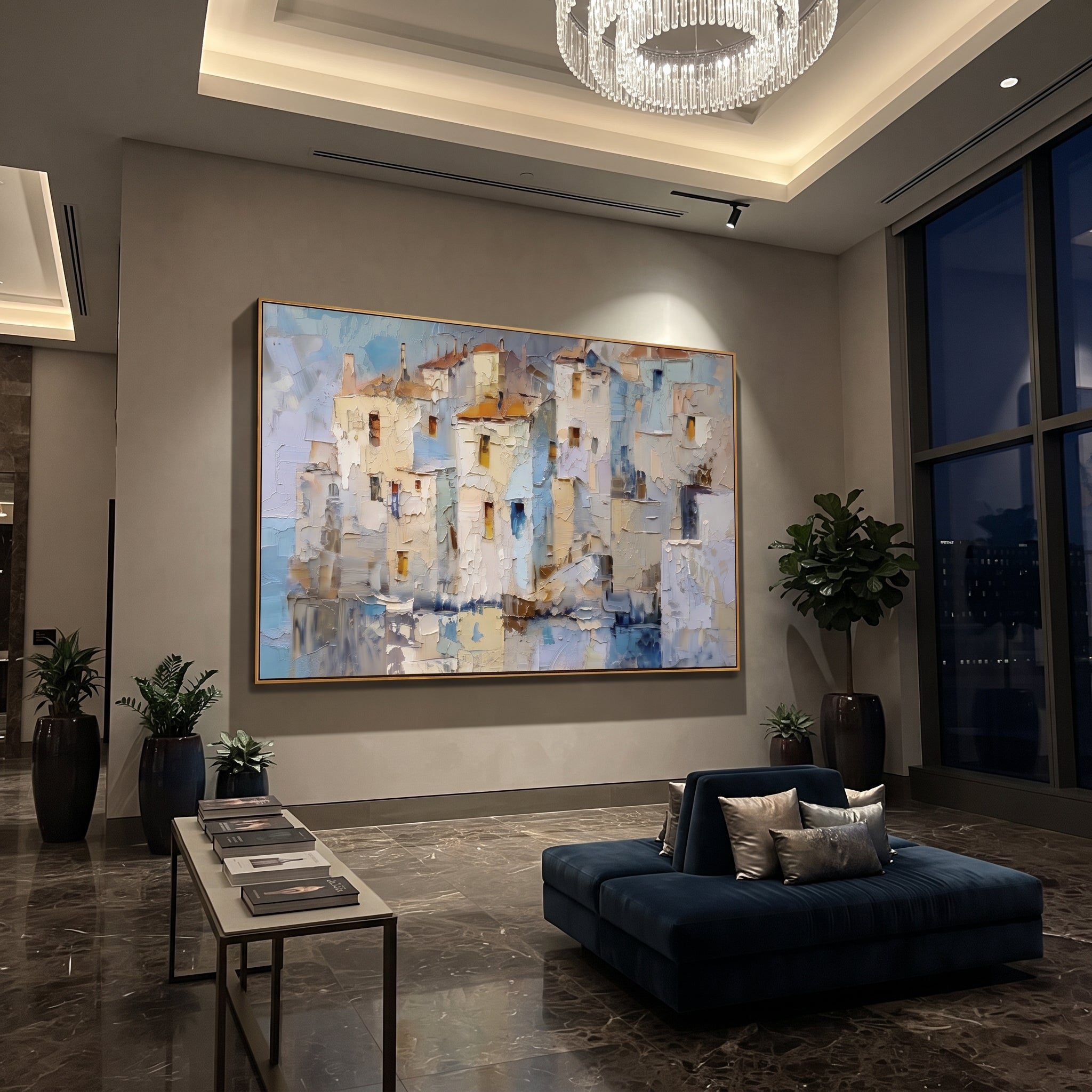 "Mediterranean Patio Painting" focuses on atmosphere, surface movement, and sculptural heavy impasto craftsmanship rather than a fixed literal storyline. The composition uses this hand-painted Mediterranean canvas features white stucco terrace, blue doors, potted blooms, open view toward the Mediterranean, built with raised palette-knife texture, layered brushwork, and luminous coastal color as the visual anchor, while layered palette-knife paint, raised plaster-like texture, and softened brush
