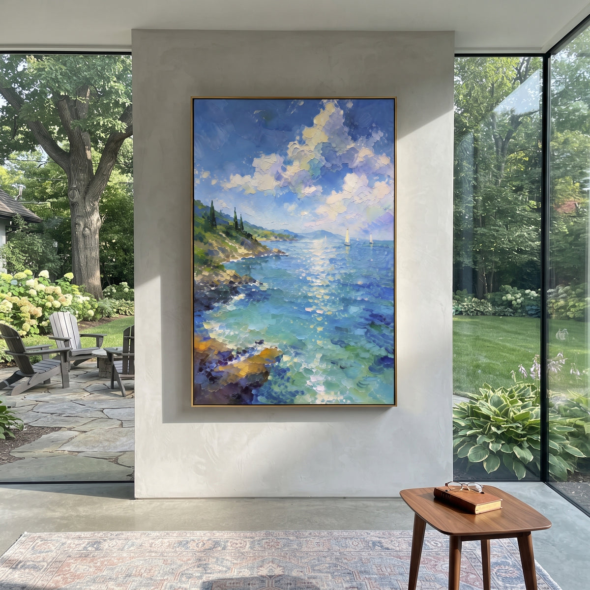 "Village Steps Sea View Painting" focuses on atmosphere, surface movement, and sculptural heavy impasto craftsmanship rather than a fixed literal storyline. The composition uses this hand-painted Mediterranean canvas features white Mediterranean alley, terracotta roofs, potted flowers, distant sea and mountain light, built with raised palette-knife texture, layered brushwork, and luminous coastal color as the visual anchor, while layered palette-knife paint, raised plaster-like texture, and