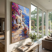 "Coastal Garden with Sails Study Painting" focuses on atmosphere, surface movement, and sculptural heavy impasto craftsmanship rather than a fixed literal storyline. The composition uses this hand-painted Mediterranean canvas features sailboats on a blue bay, flowering terrace, coastal town and luminous summer sky, built with raised palette-knife texture, layered brushwork, and luminous coastal color as the visual anchor, while layered palette-knife paint, raised plaster-like texture, and