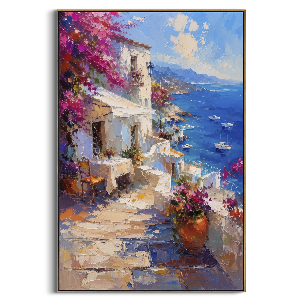 "Coastal Garden with Sails Study Painting" - Modern Heavy Impasto Coastal Landscape | Blue & Pink Palette Knife Painting | Luxury Vertical Wall Art #PT 1614