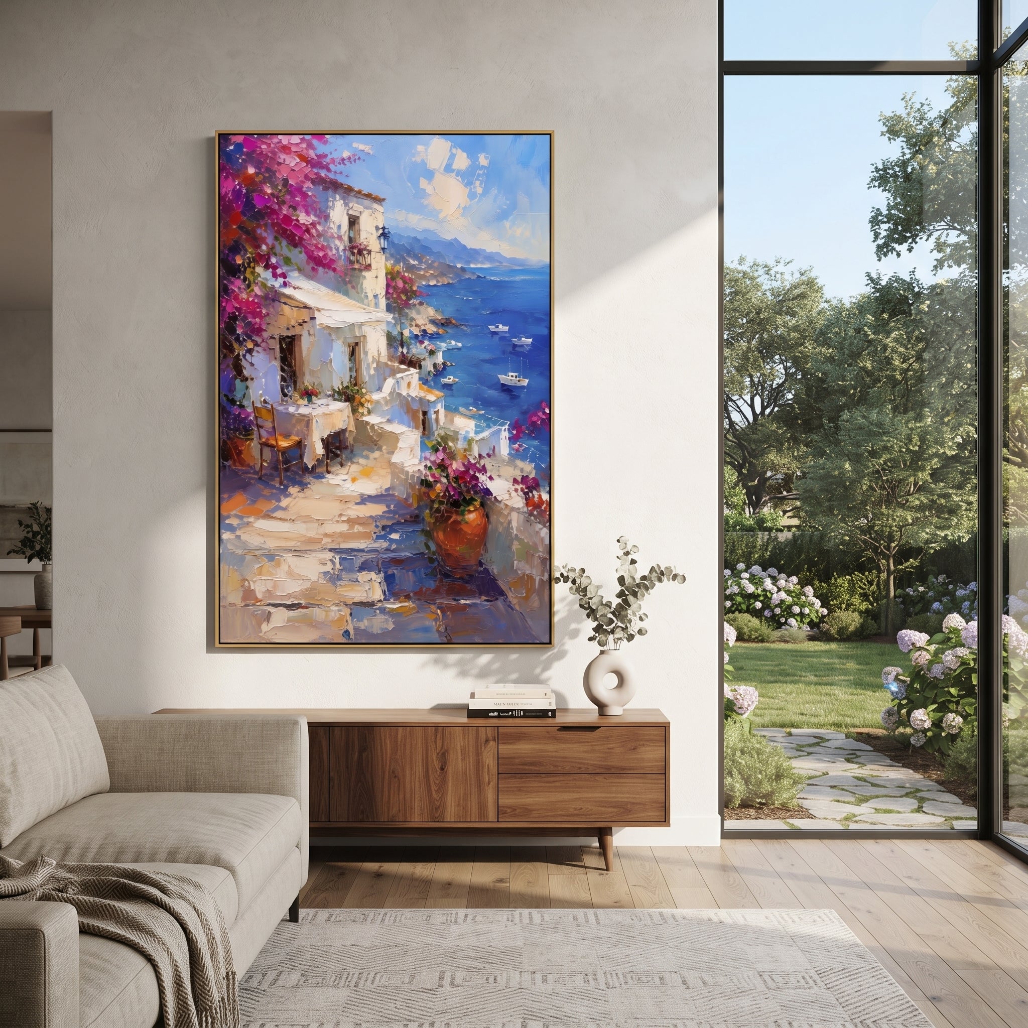 "Coastal Garden with Sails Study Painting" focuses on atmosphere, surface movement, and sculptural heavy impasto craftsmanship rather than a fixed literal storyline. The composition uses this hand-painted Mediterranean canvas features sailboats on a blue bay, flowering terrace, coastal town and luminous summer sky, built with raised palette-knife texture, layered brushwork, and luminous coastal color as the visual anchor, while layered palette-knife paint, raised plaster-like texture, and