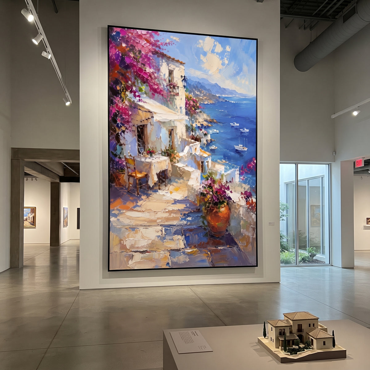 "Coastal Garden with Sails Study Painting" focuses on atmosphere, surface movement, and sculptural heavy impasto craftsmanship rather than a fixed literal storyline. The composition uses this hand-painted Mediterranean canvas features sailboats on a blue bay, flowering terrace, coastal town and luminous summer sky, built with raised palette-knife texture, layered brushwork, and luminous coastal color as the visual anchor, while layered palette-knife paint, raised plaster-like texture, and