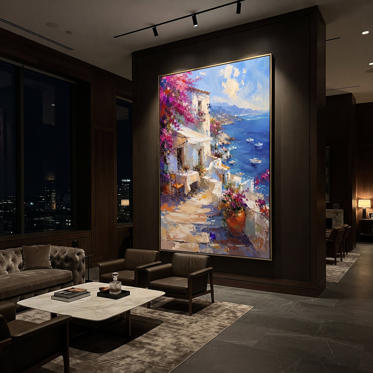 "Coastal Garden with Sails Study Painting" focuses on atmosphere, surface movement, and sculptural heavy impasto craftsmanship rather than a fixed literal storyline. The composition uses this hand-painted Mediterranean canvas features sailboats on a blue bay, flowering terrace, coastal town and luminous summer sky, built with raised palette-knife texture, layered brushwork, and luminous coastal color as the visual anchor, while layered palette-knife paint, raised plaster-like texture, and