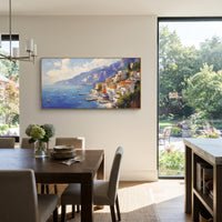 "Pastel Waterfront Reflections Study Painting" focuses on atmosphere, surface movement, and sculptural heavy impasto craftsmanship rather than a fixed literal storyline. The composition uses this hand-painted Mediterranean canvas features colorful waterfront houses, moored boats, shimmering blue harbor reflections, pastel sky, built with raised palette-knife texture, layered brushwork, and luminous coastal color as the visual anchor, while layered palette-knife paint, raised plaster-like