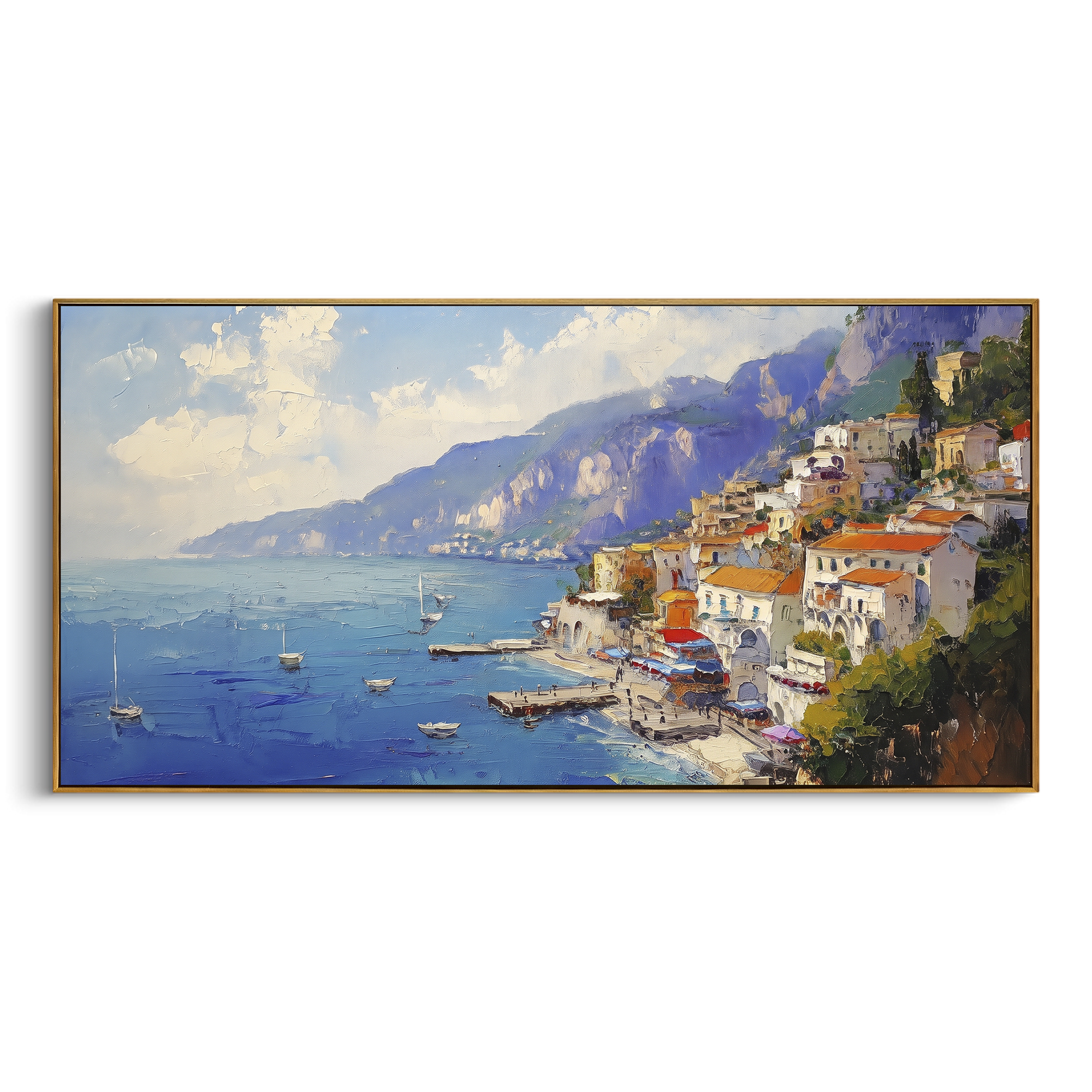 "Pastel Waterfront Reflections Study Painting" focuses on atmosphere, surface movement, and sculptural heavy impasto craftsmanship rather than a fixed literal storyline. The composition uses this hand-painted Mediterranean canvas features colorful waterfront houses, moored boats, shimmering blue harbor reflections, pastel sky, built with raised palette-knife texture, layered brushwork, and luminous coastal color as the visual anchor, while layered palette-knife paint, raised plaster-like