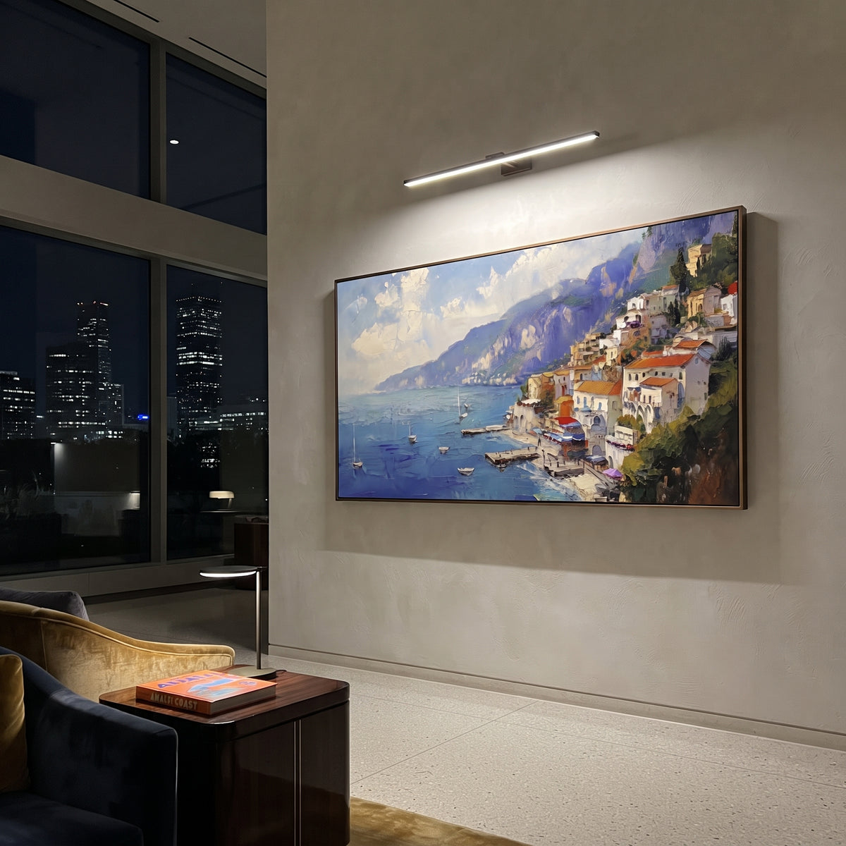 "Pastel Waterfront Reflections Study Painting" focuses on atmosphere, surface movement, and sculptural heavy impasto craftsmanship rather than a fixed literal storyline. The composition uses this hand-painted Mediterranean canvas features colorful waterfront houses, moored boats, shimmering blue harbor reflections, pastel sky, built with raised palette-knife texture, layered brushwork, and luminous coastal color as the visual anchor, while layered palette-knife paint, raised plaster-like